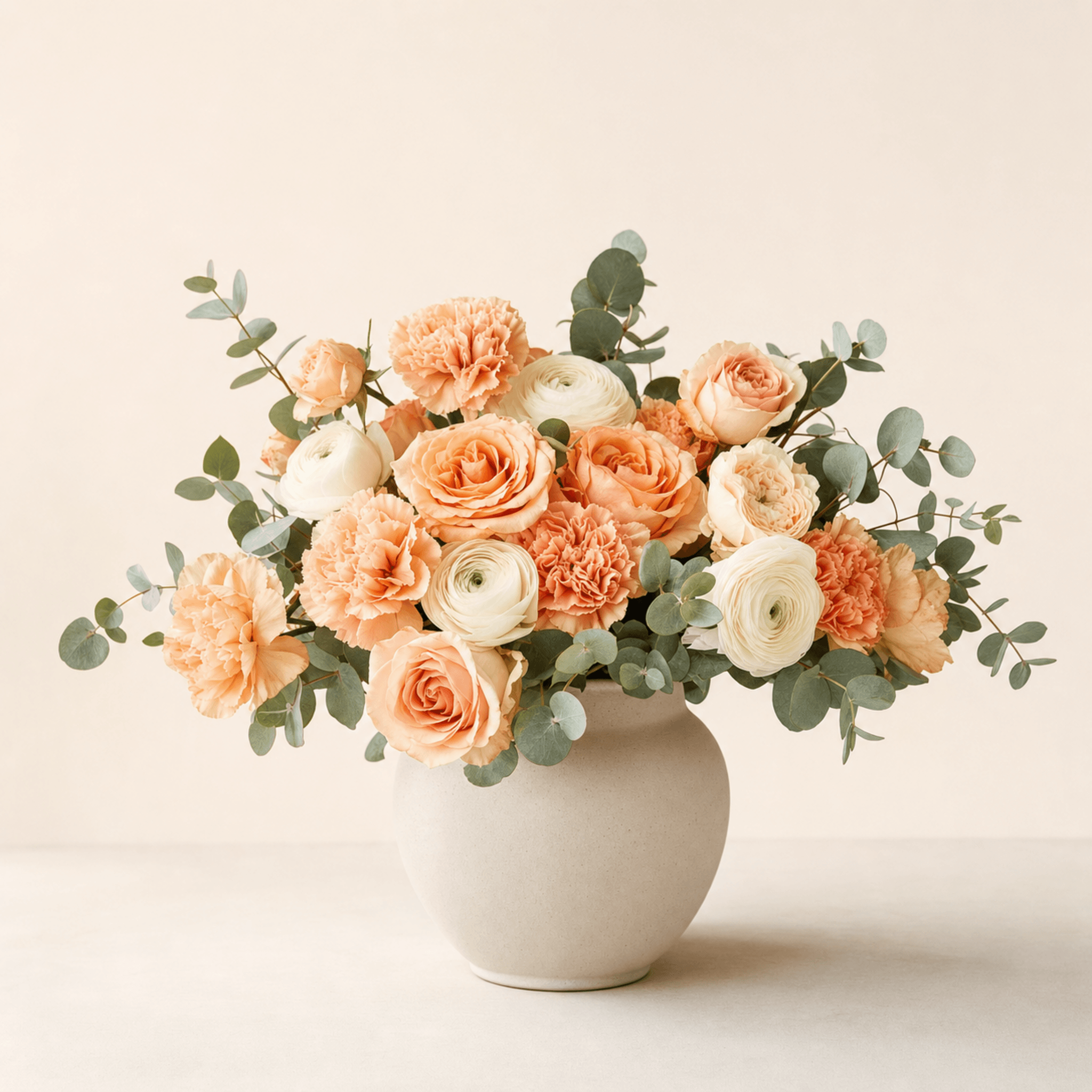 Peach roses, carnations and white ranunculus with eucalyptus in a round white ceramic vase
