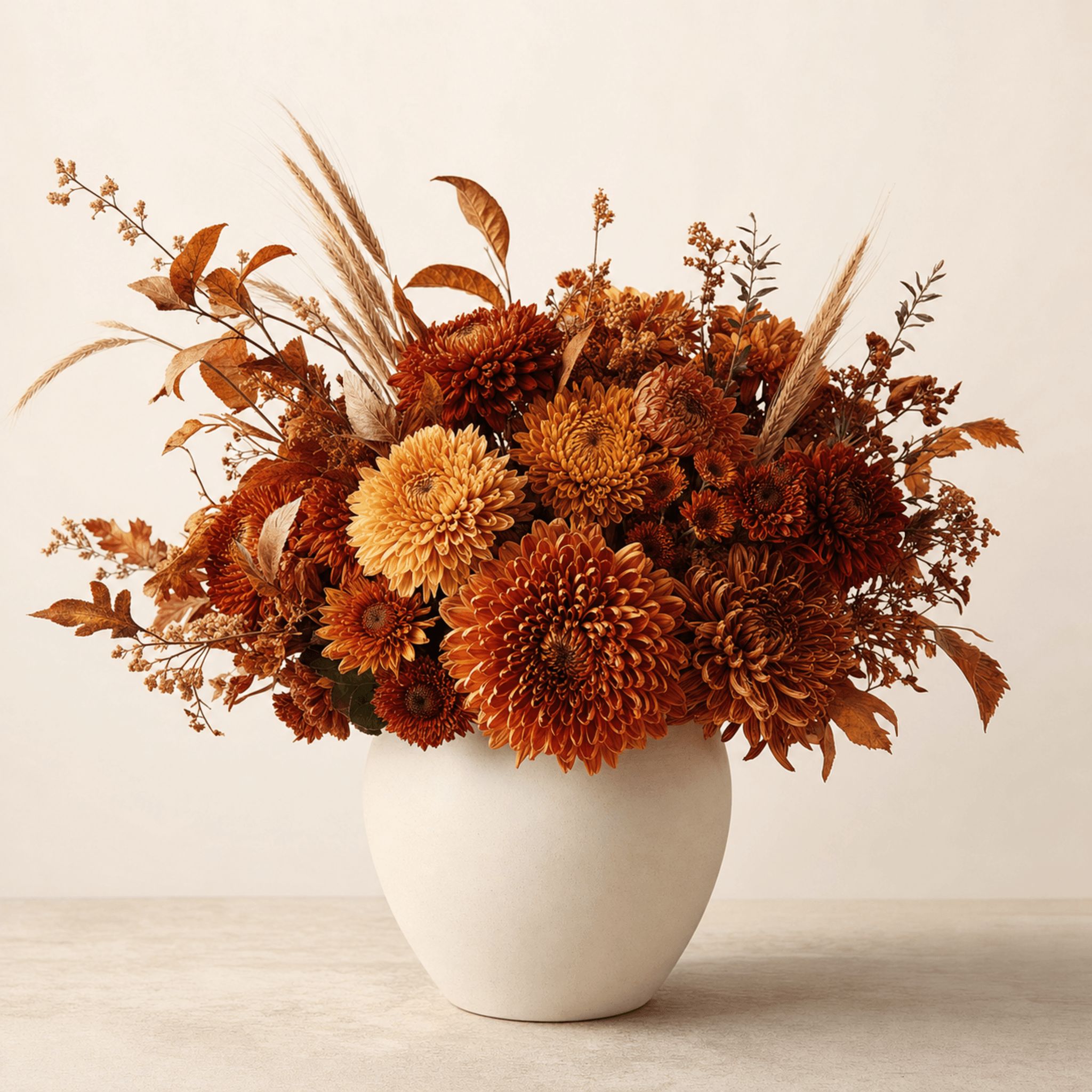 Rust, amber and burgundy chrysanthemums with dried wheat and autumn leaves in a white ceramic vase