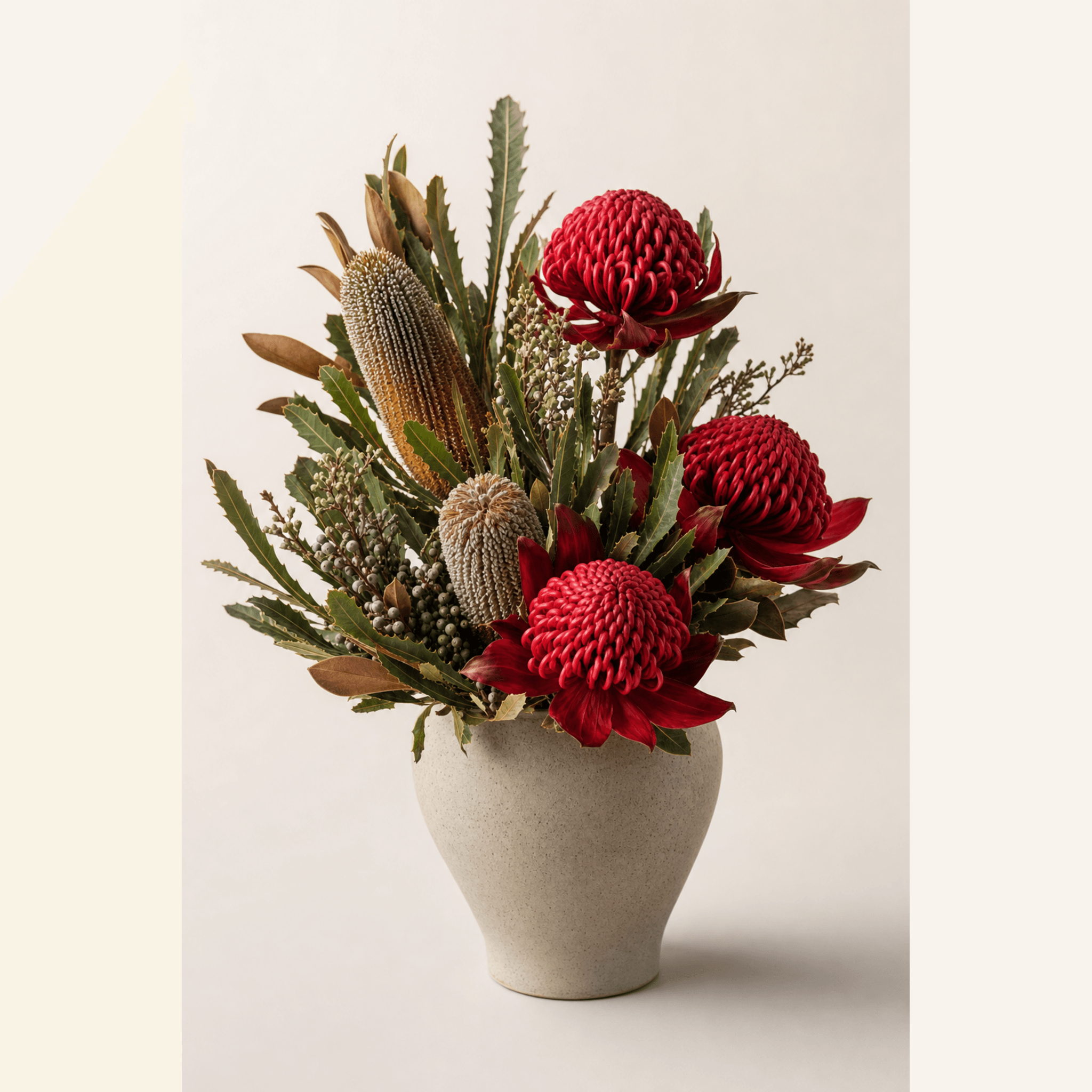 Red waratah blooms and golden banksia spikes arranged in a speckled white ceramic vase
