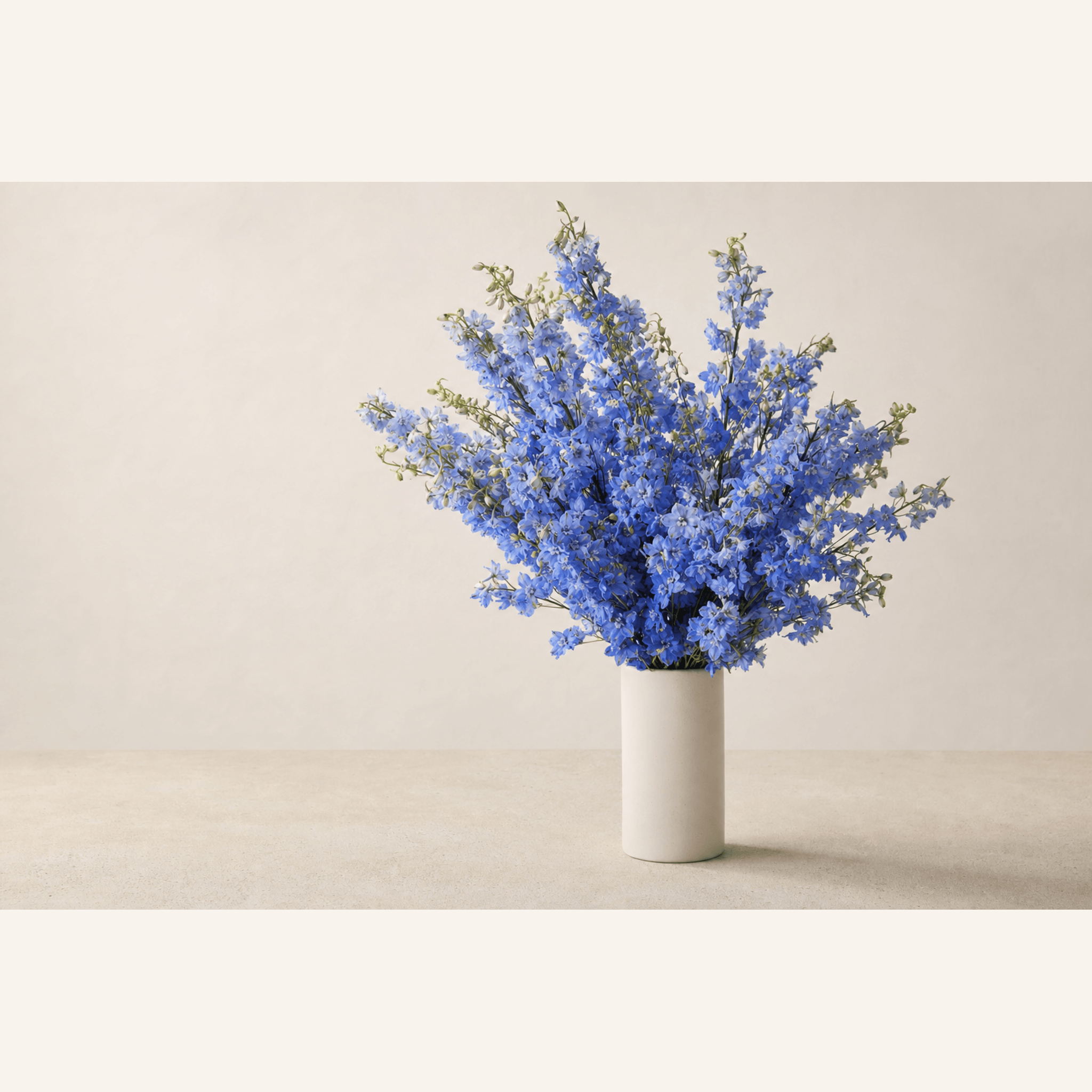 Vivid blue delphinium stems arranged loosely in a tall white ceramic cylinder vase