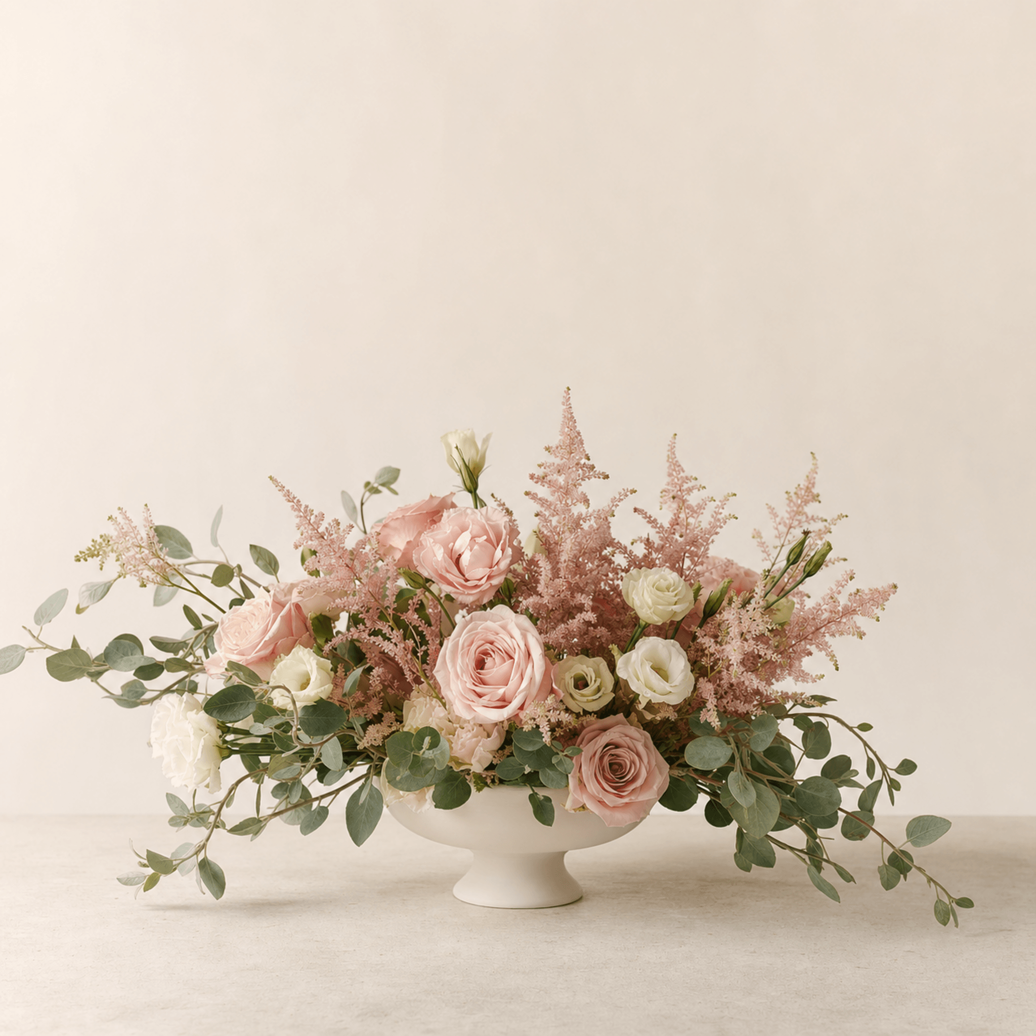 Blush pink roses, white lisianthus and pink astilbe arranged in a white footed compote bowl with trailing eucalyptus