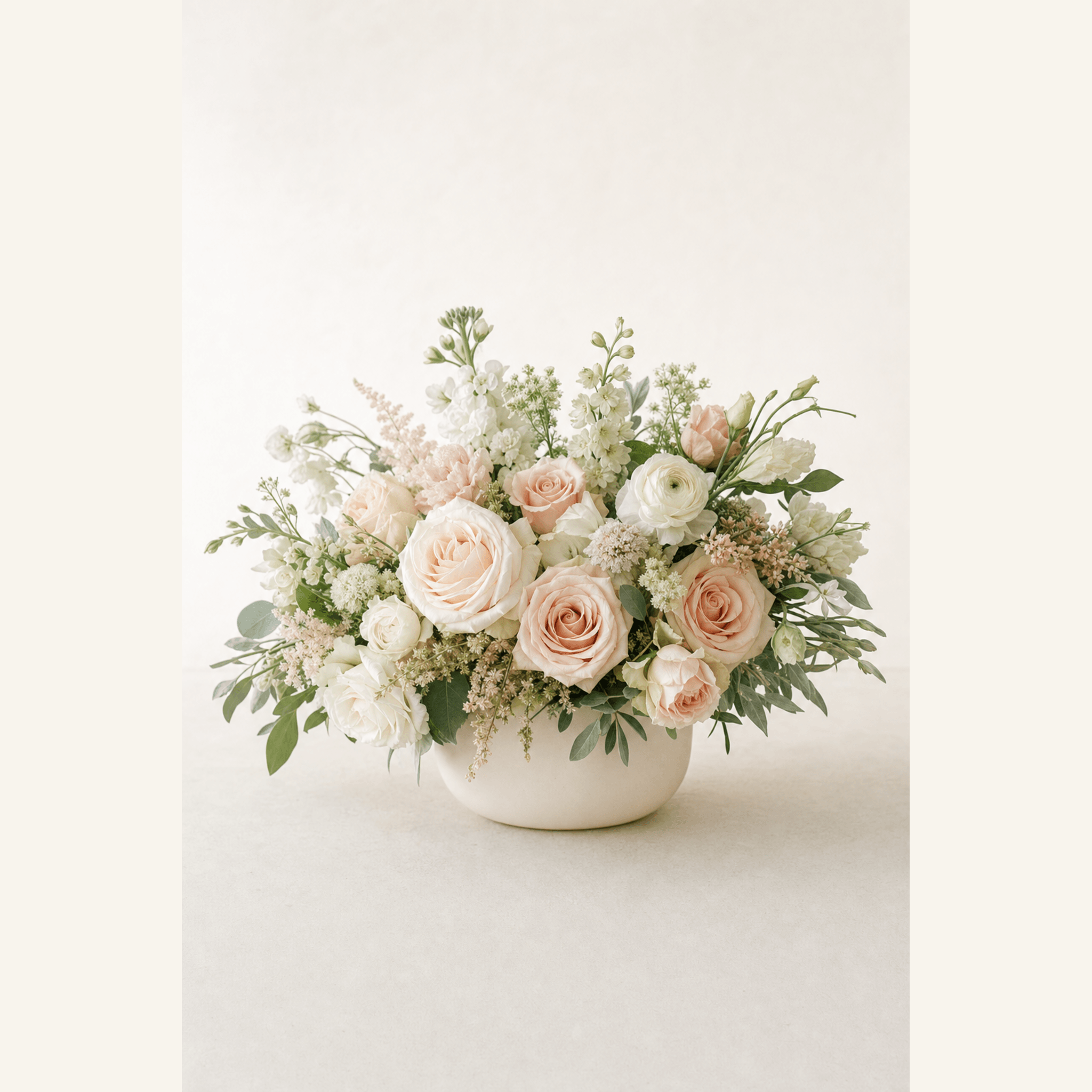 Blush and white roses, ranunculus, astilbe and eucalyptus arranged in a round cream ceramic bowl