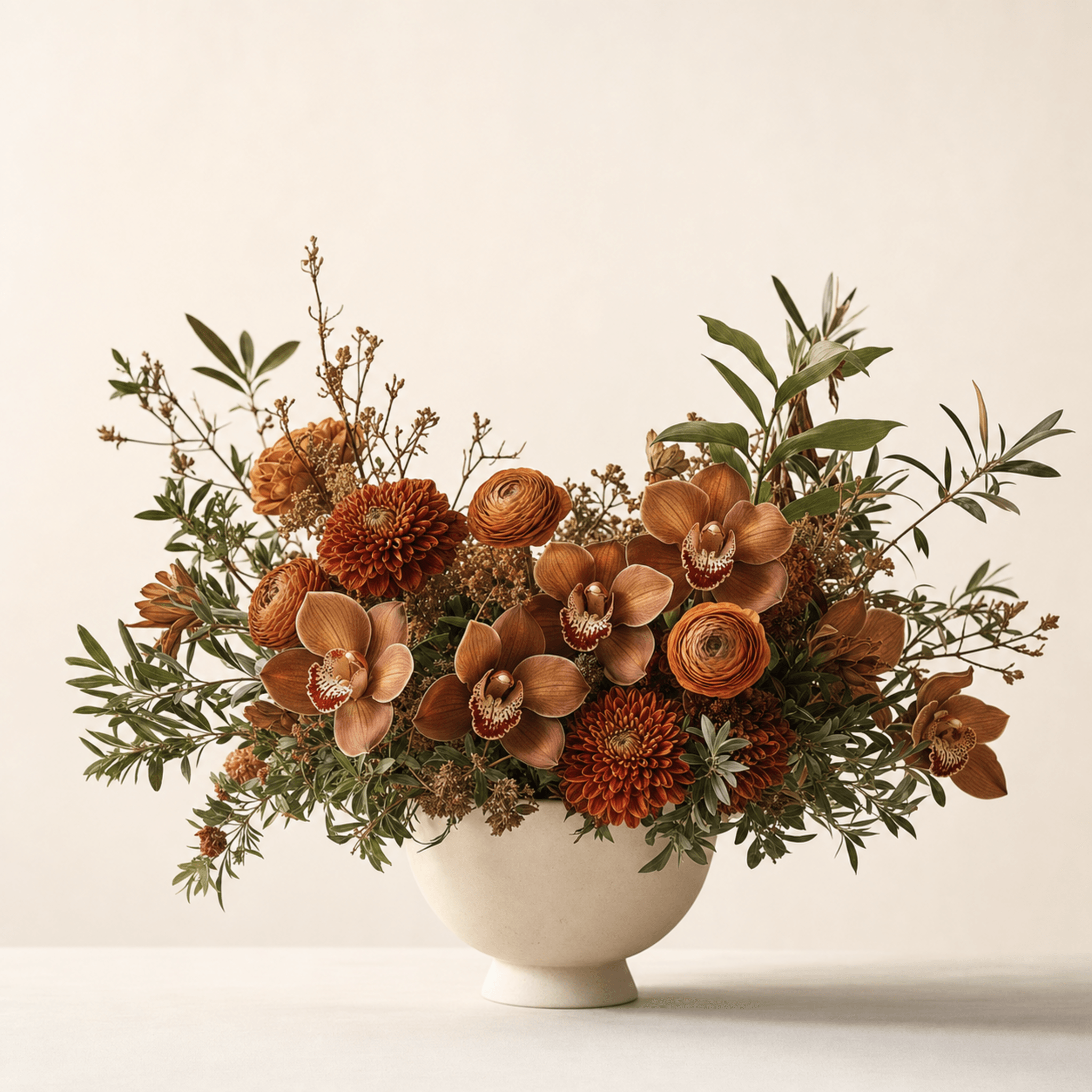 Rust and bronze cymbidium orchids, ranunculus, and chrysanthemums arranged in a cream ceramic bowl