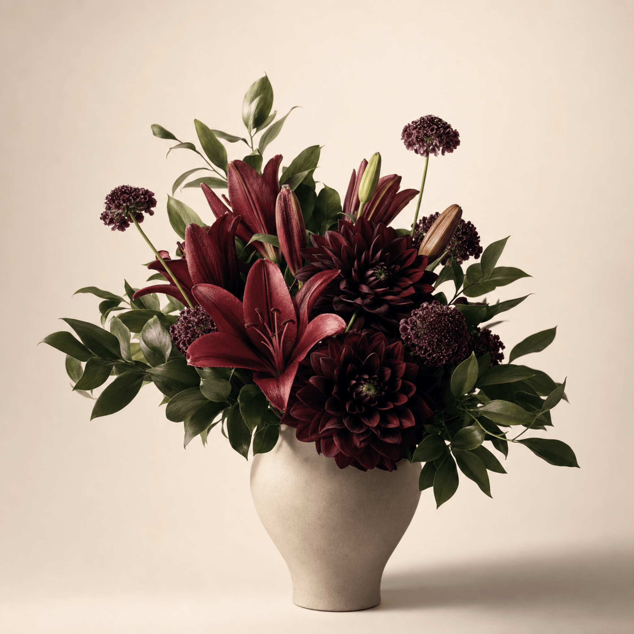 Deep burgundy lilies and dahlias with purple scabiosa in a cream ceramic vase