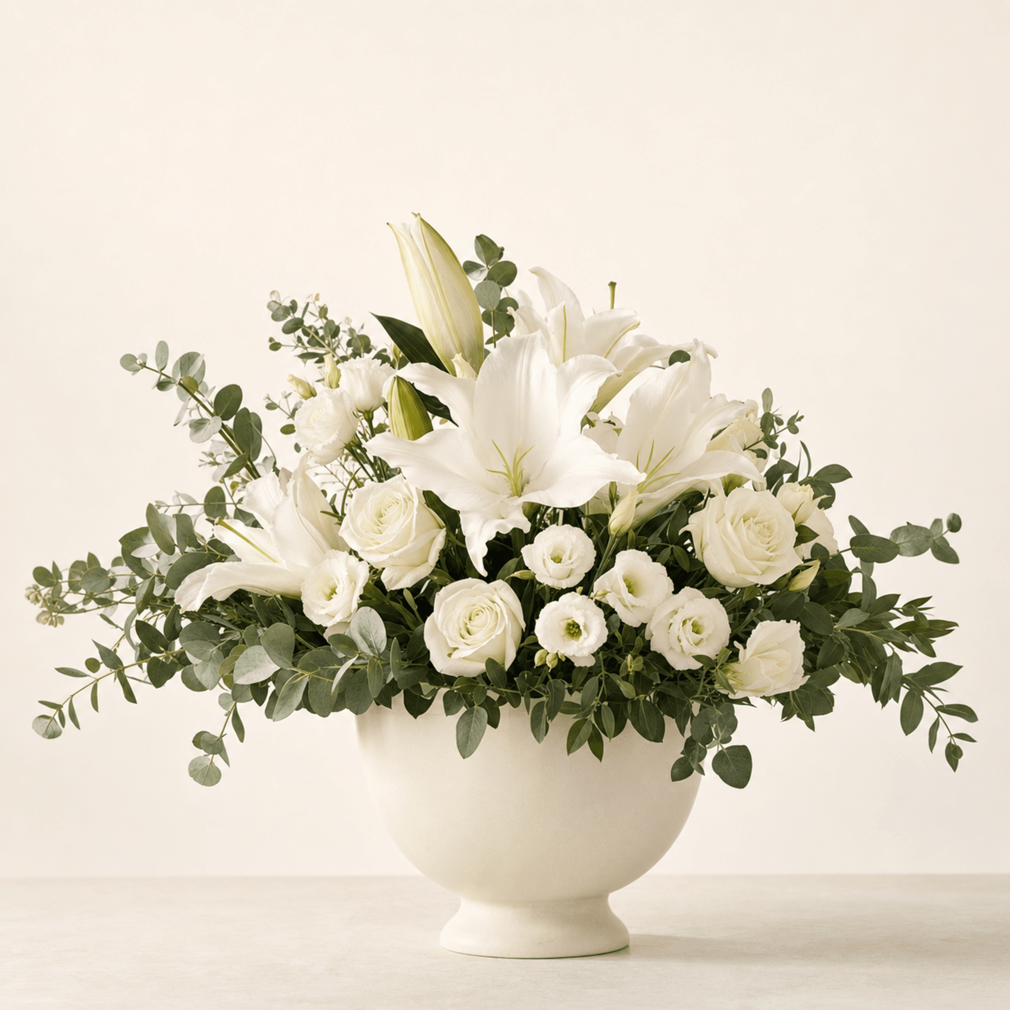 White oriental lilies, cream roses and lisianthus with eucalyptus in a white ceramic footed bowl
