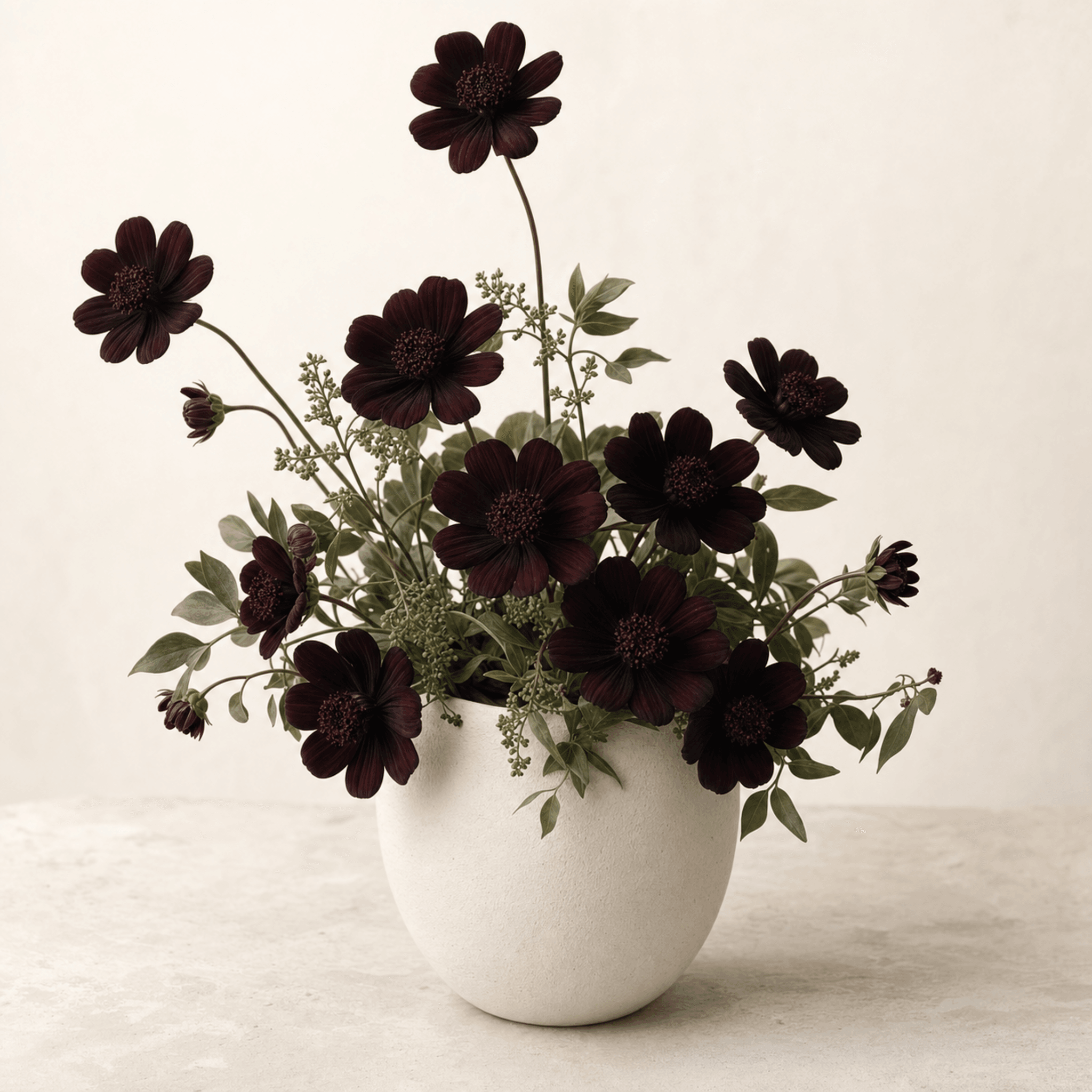 Deep burgundy cosmos flowers with green foliage arranged in a round white ceramic vase