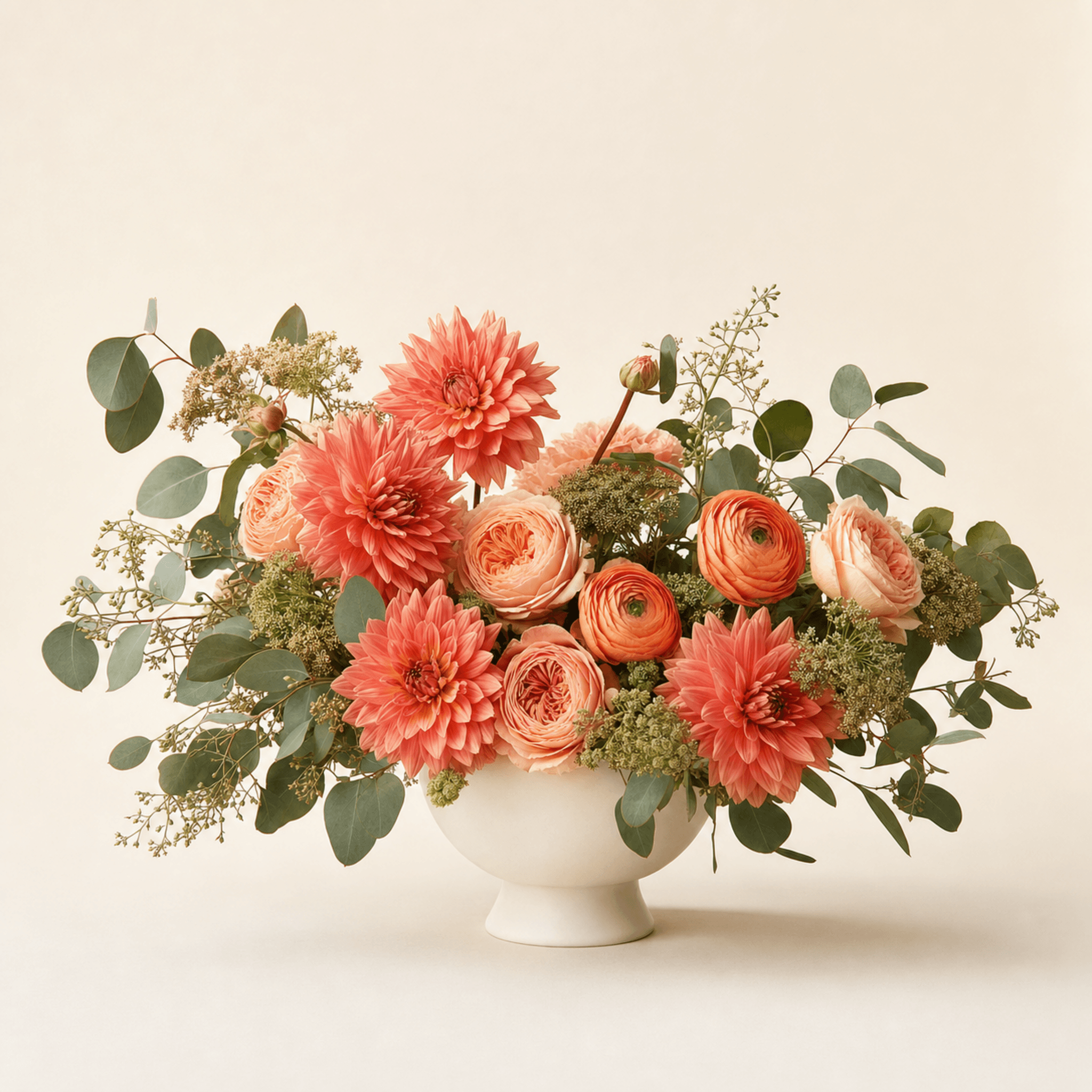 Coral dahlias, peach garden roses and ranunculus in a white ceramic compote with eucalyptus