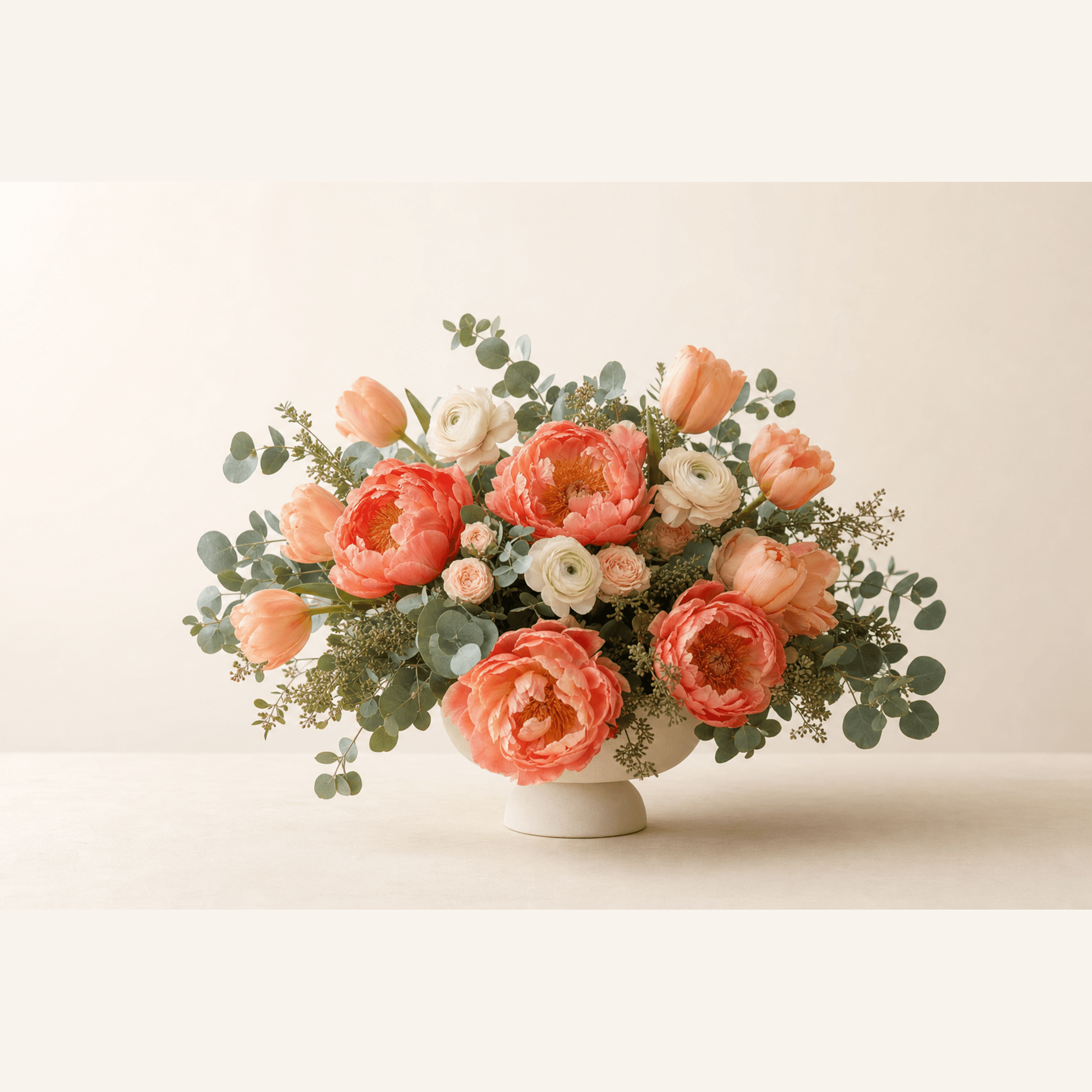 Coral peonies, peach tulips, white ranunculus and eucalyptus in a white footed bowl