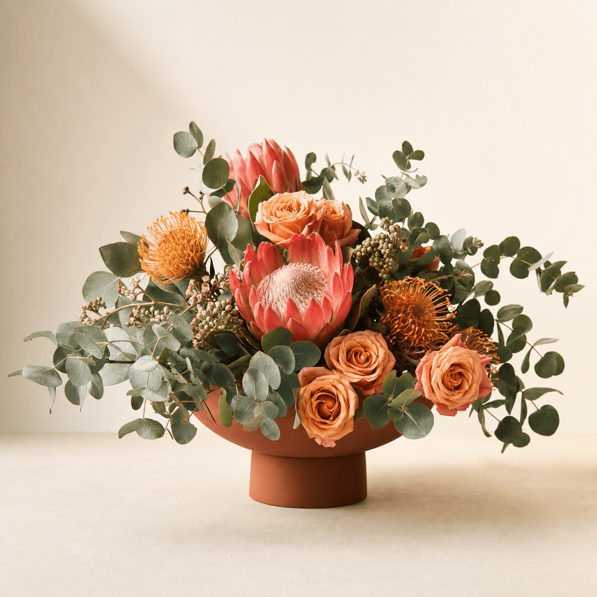 Pink king proteas, peach roses, and golden pincushion proteas arranged in a terracotta pedestal bowl with trailing eucalyptus