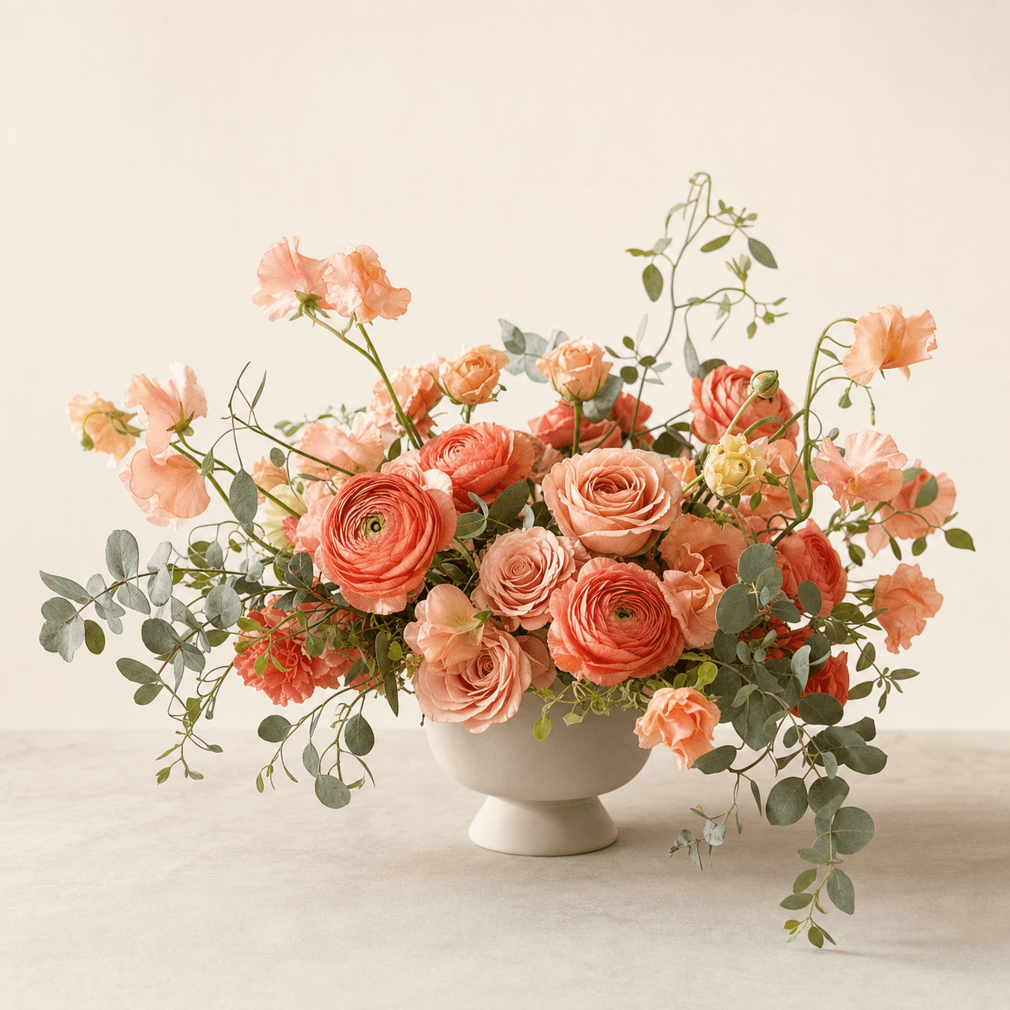 Coral ranunculus, peach roses and sweet peas spilling from a white ceramic pedestal bowl