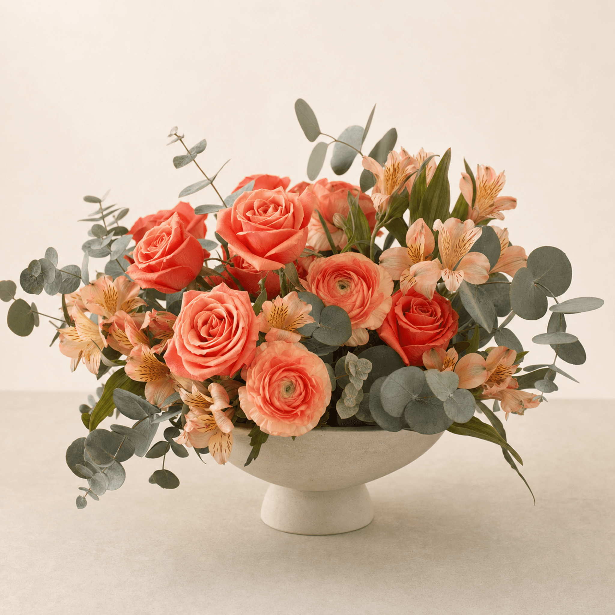 Coral roses, peach ranunculus and alstroemeria with silver dollar eucalyptus in a white pedestal bowl