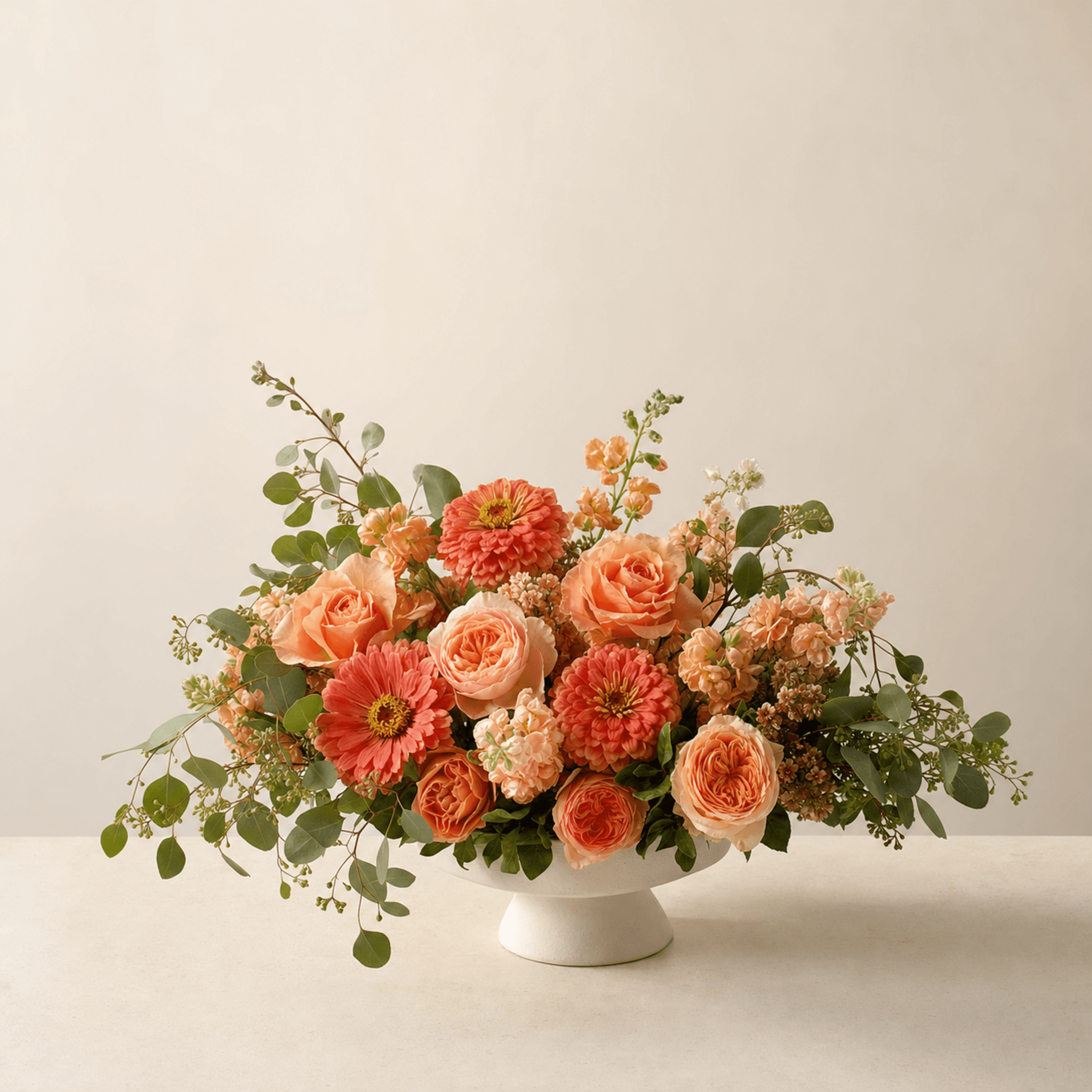 Peach garden roses, coral zinnias and gerberas in a white ceramic compote with eucalyptus