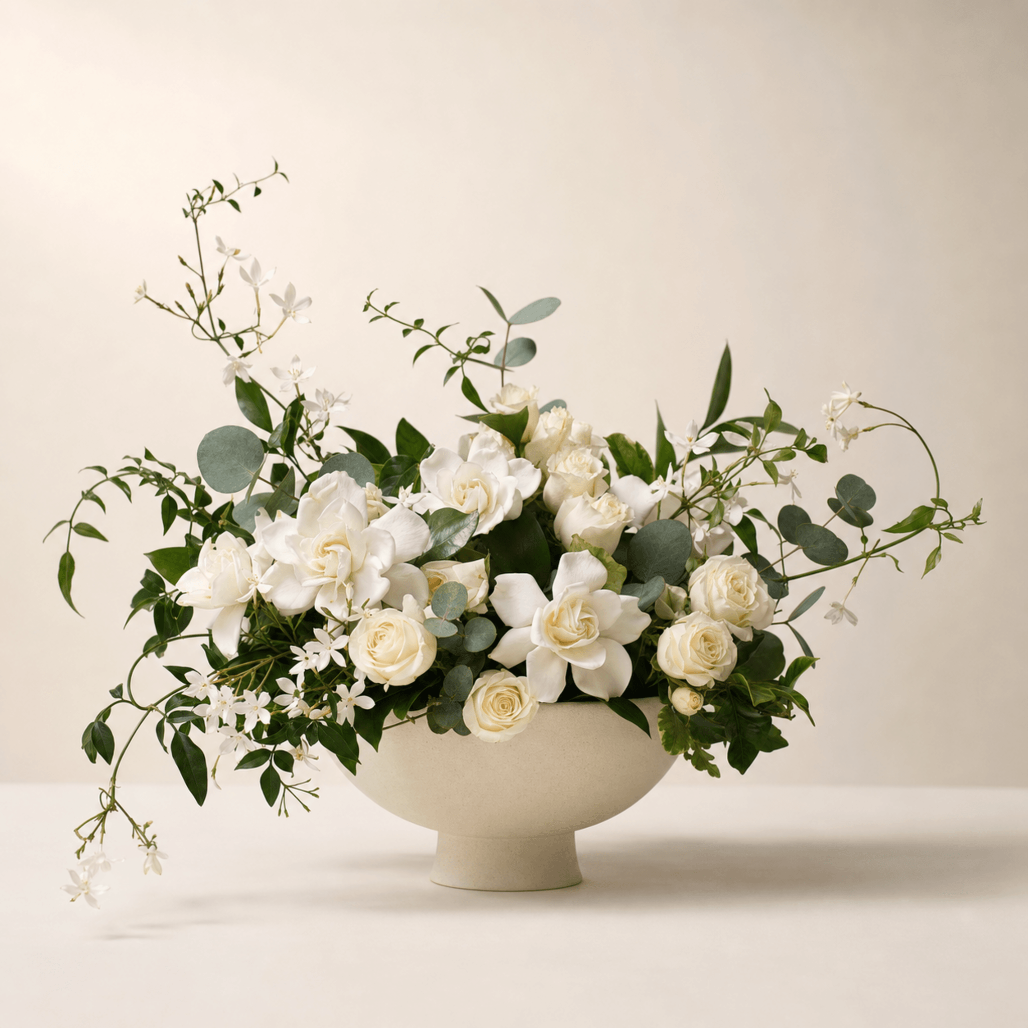 Cream roses, white gardenias and jasmine with eucalyptus in a wide cream ceramic pedestal bowl