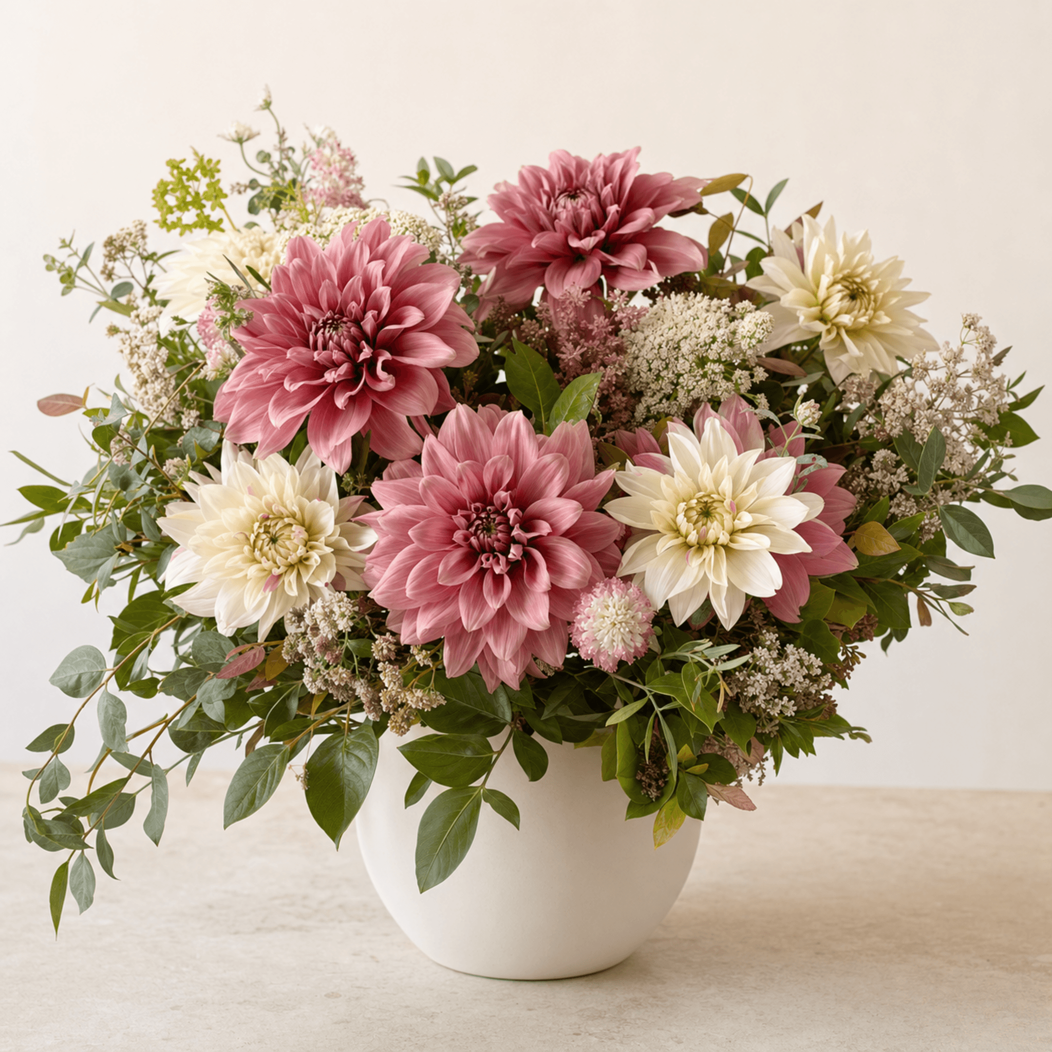 Blush and cream dahlias with Queen Anne's lace, scabiosa, and eucalyptus in a white ceramic bowl