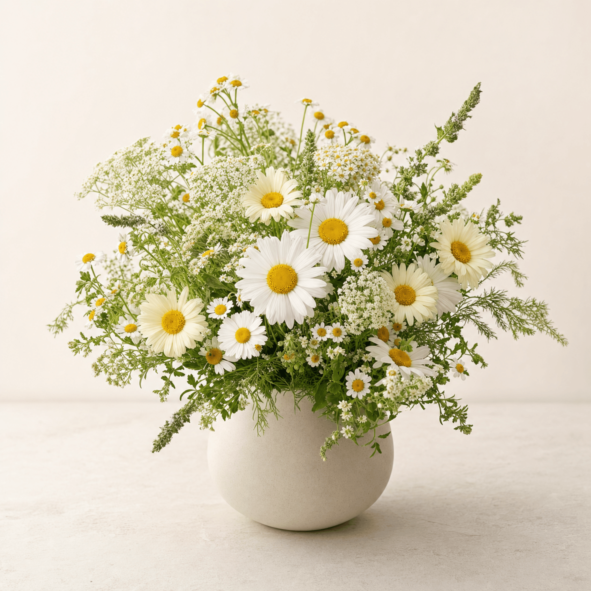 White daisies, chamomile and Queen Anne's lace arranged in a round cream ceramic vase