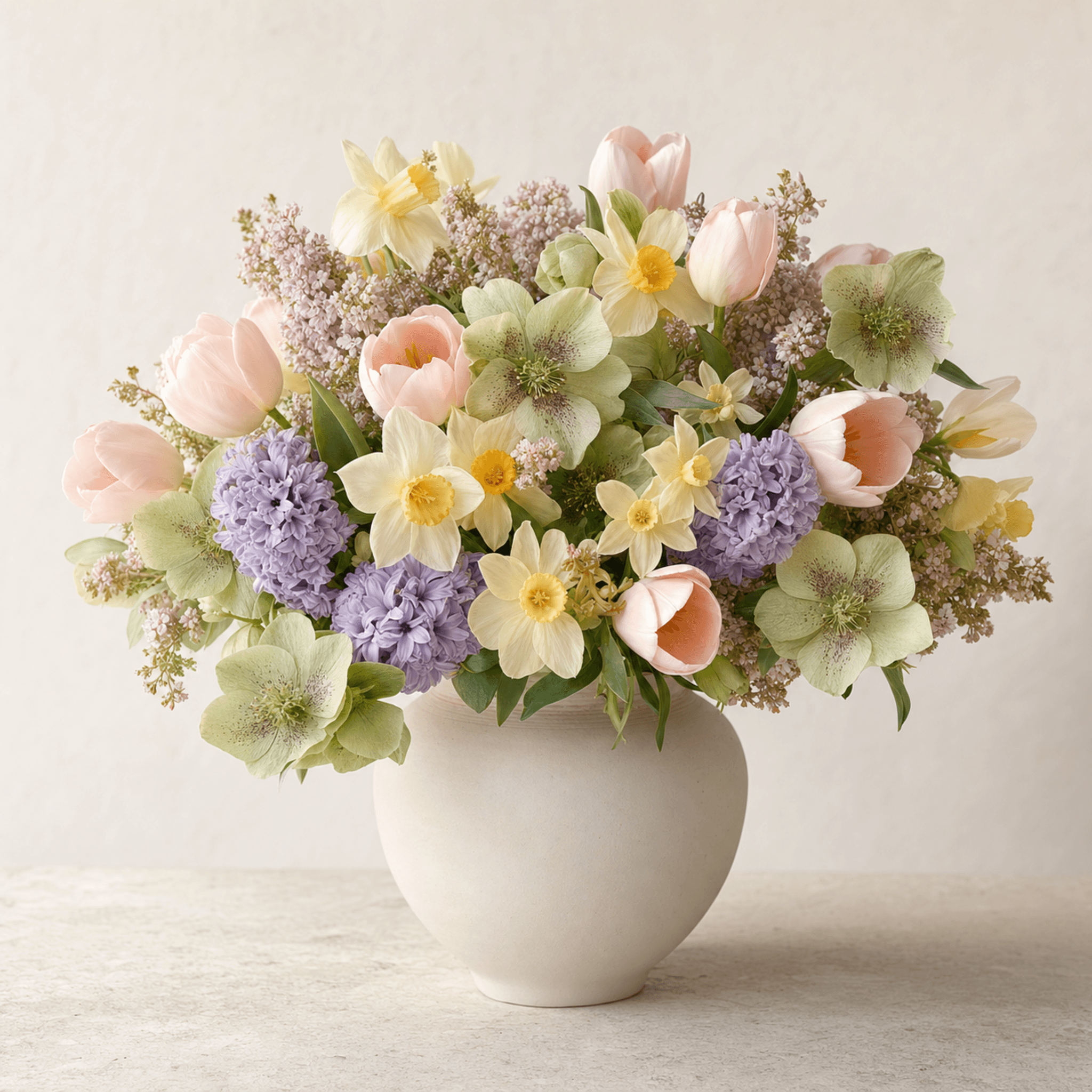 Pale pink tulips, cream daffodils, purple hyacinths and green hellebores in a white ceramic vase