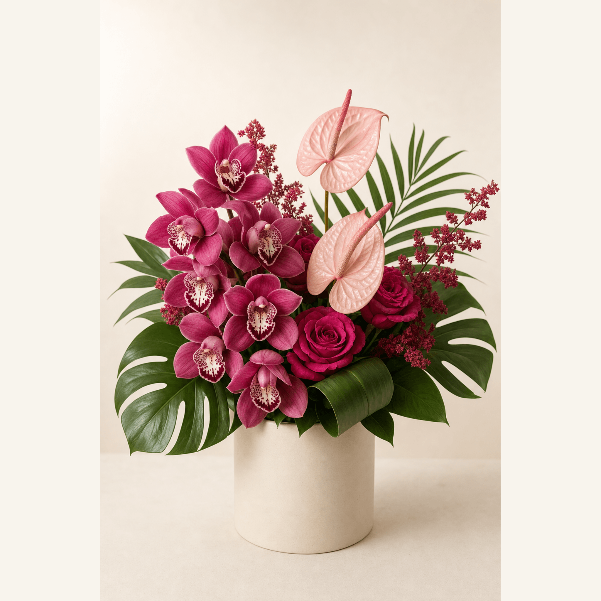Pink anthuriums, magenta cymbidium orchids and hot pink roses in a cream ceramic cylinder vase