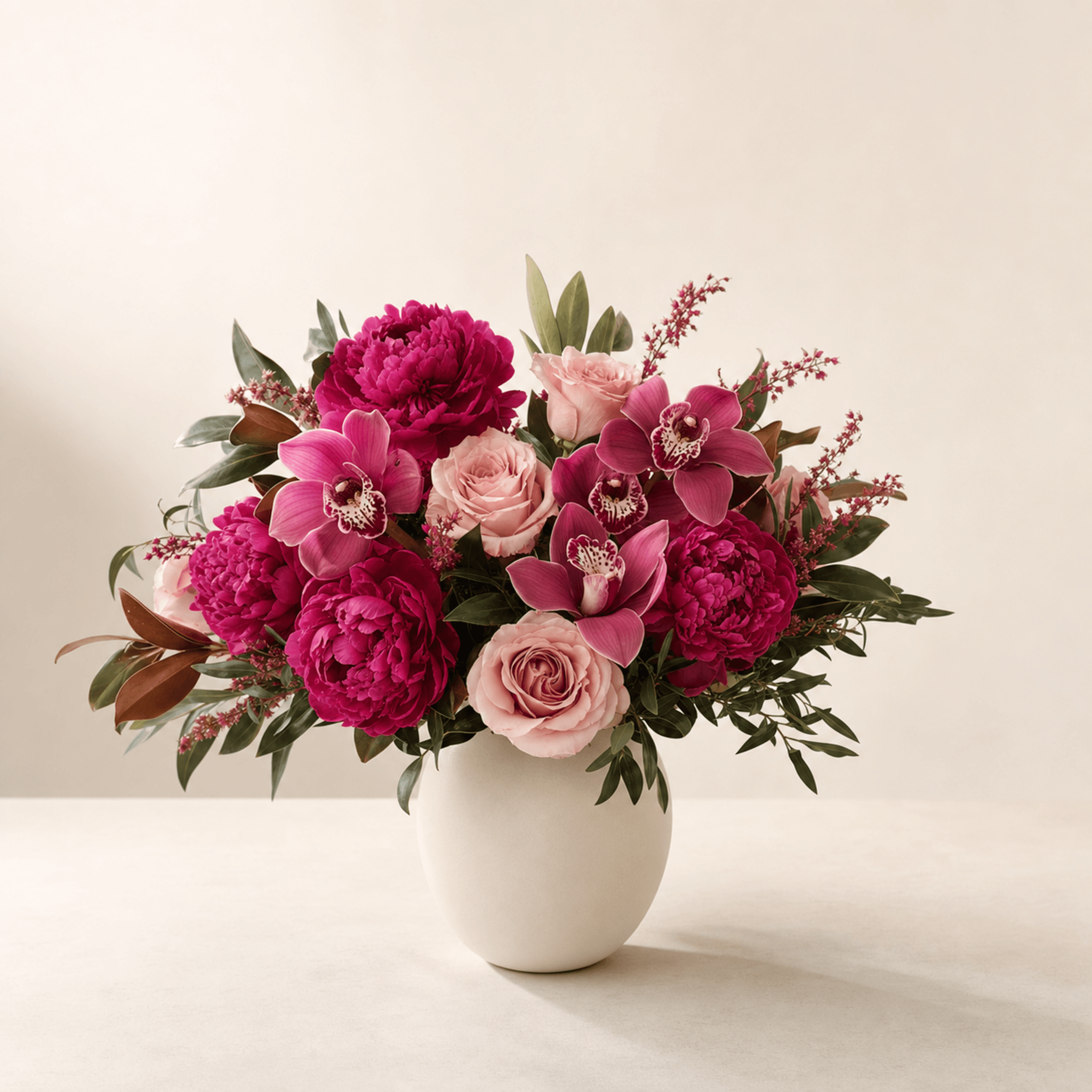 Deep magenta peonies, blush roses and pink cymbidium orchids arranged in a round white ceramic vase