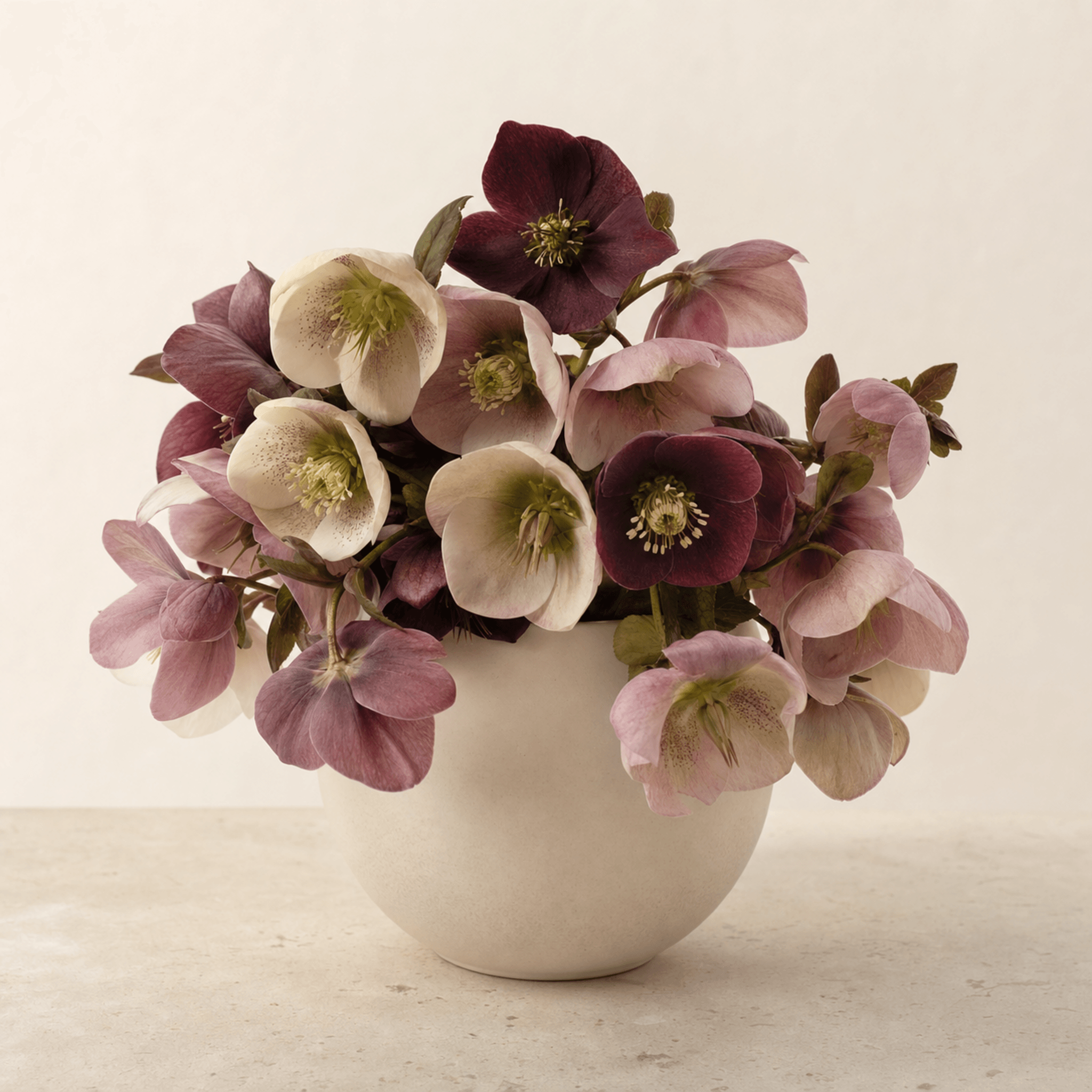 Dusky pink, cream and deep burgundy hellebores arranged in a rounded white ceramic bowl