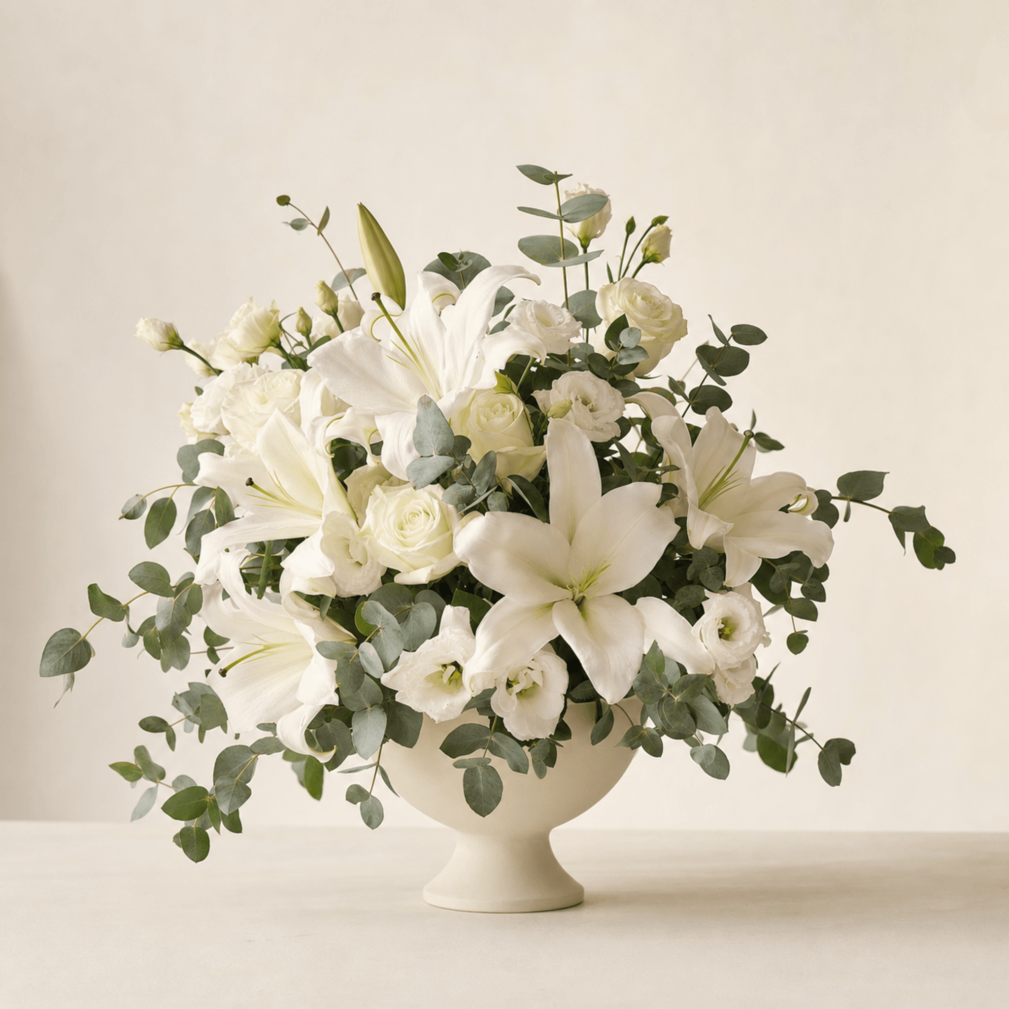 White Oriental lilies, cream roses and lisianthus with eucalyptus in a cream pedestal bowl
