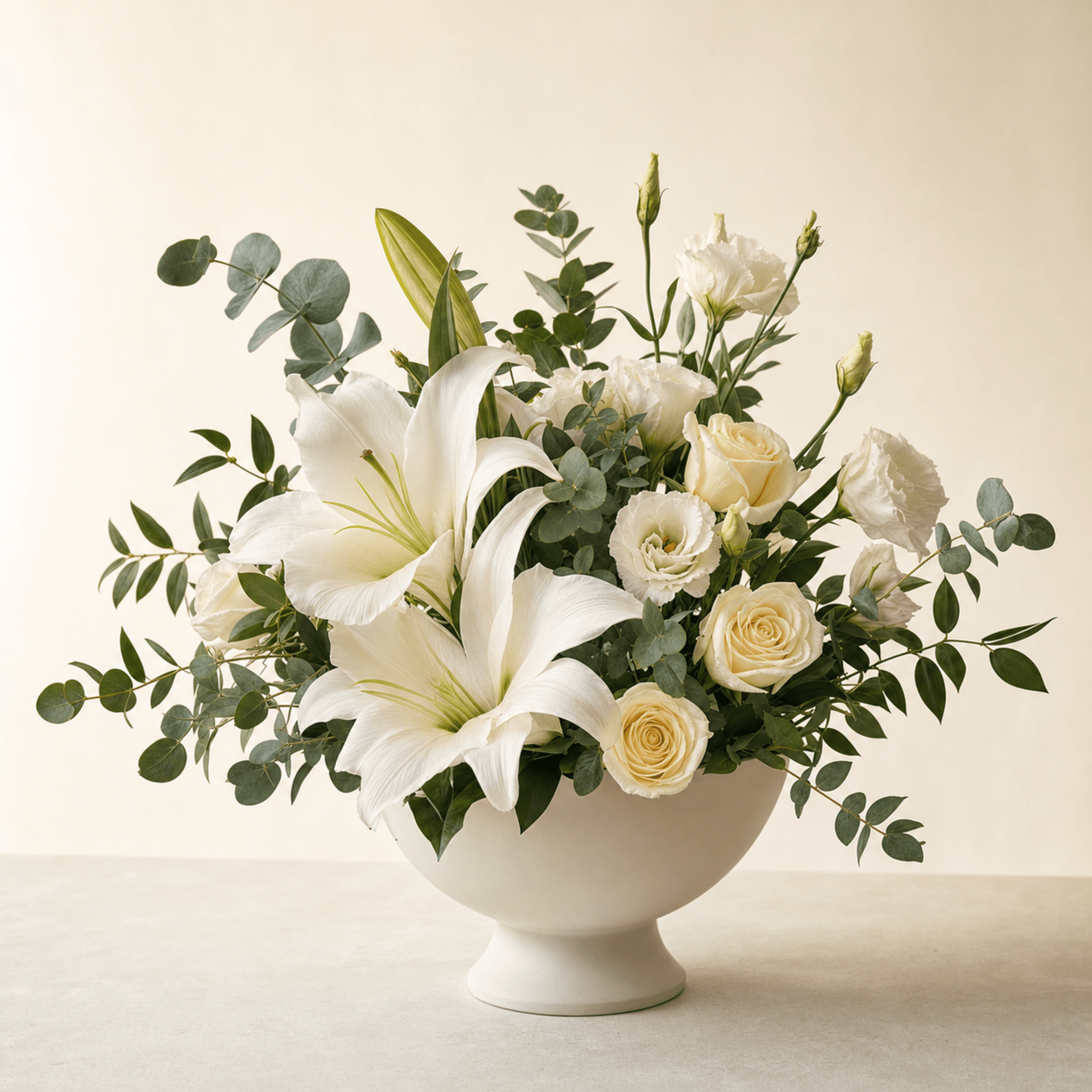 White oriental lilies, cream roses and white lisianthus arranged in a white ceramic pedestal bowl with eucalyptus