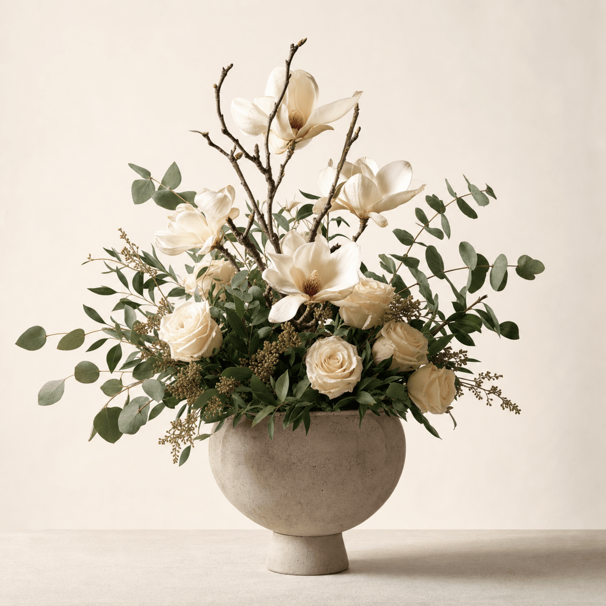 White magnolias and cream roses with eucalyptus branches in a round stone vessel