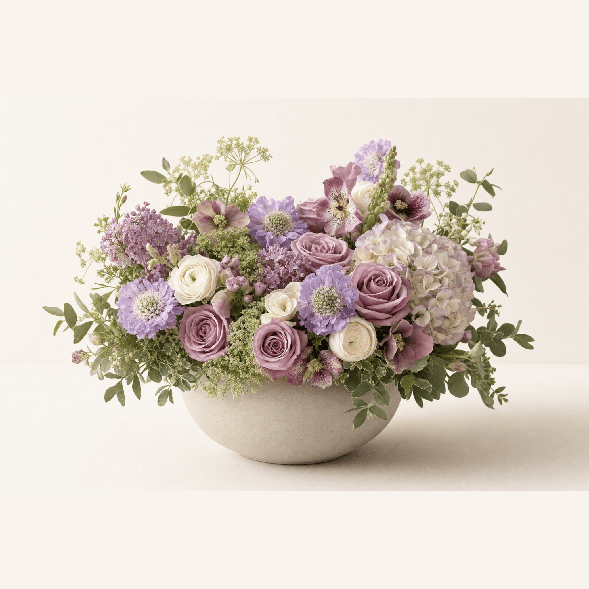 Mauve roses, white ranunculus, lavender scabiosa, hydrangea and lilac arranged in a round stone bowl