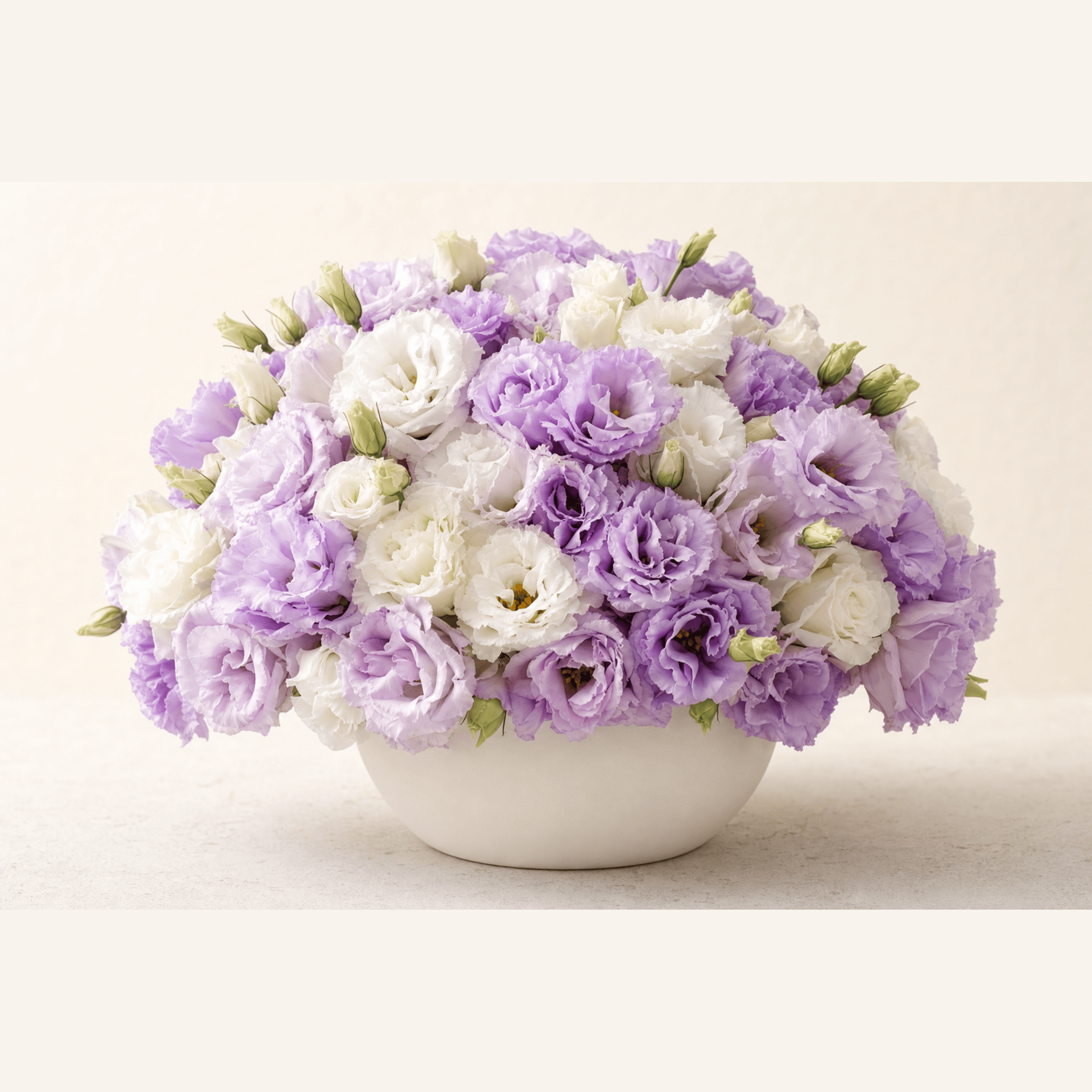 Purple and white lisianthus blooms arranged in a round white ceramic bowl