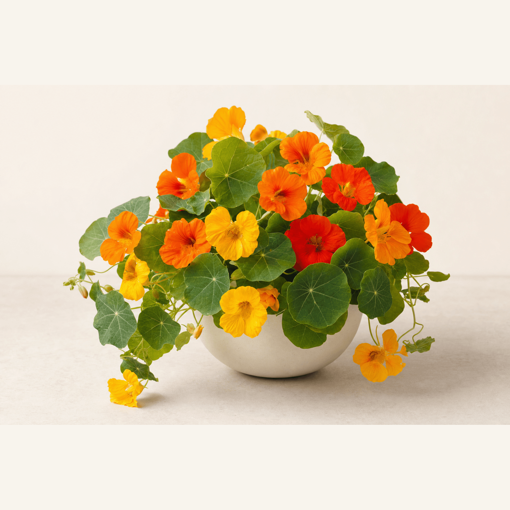 Orange, red and yellow nasturtiums with round green leaves in a white ceramic bowl