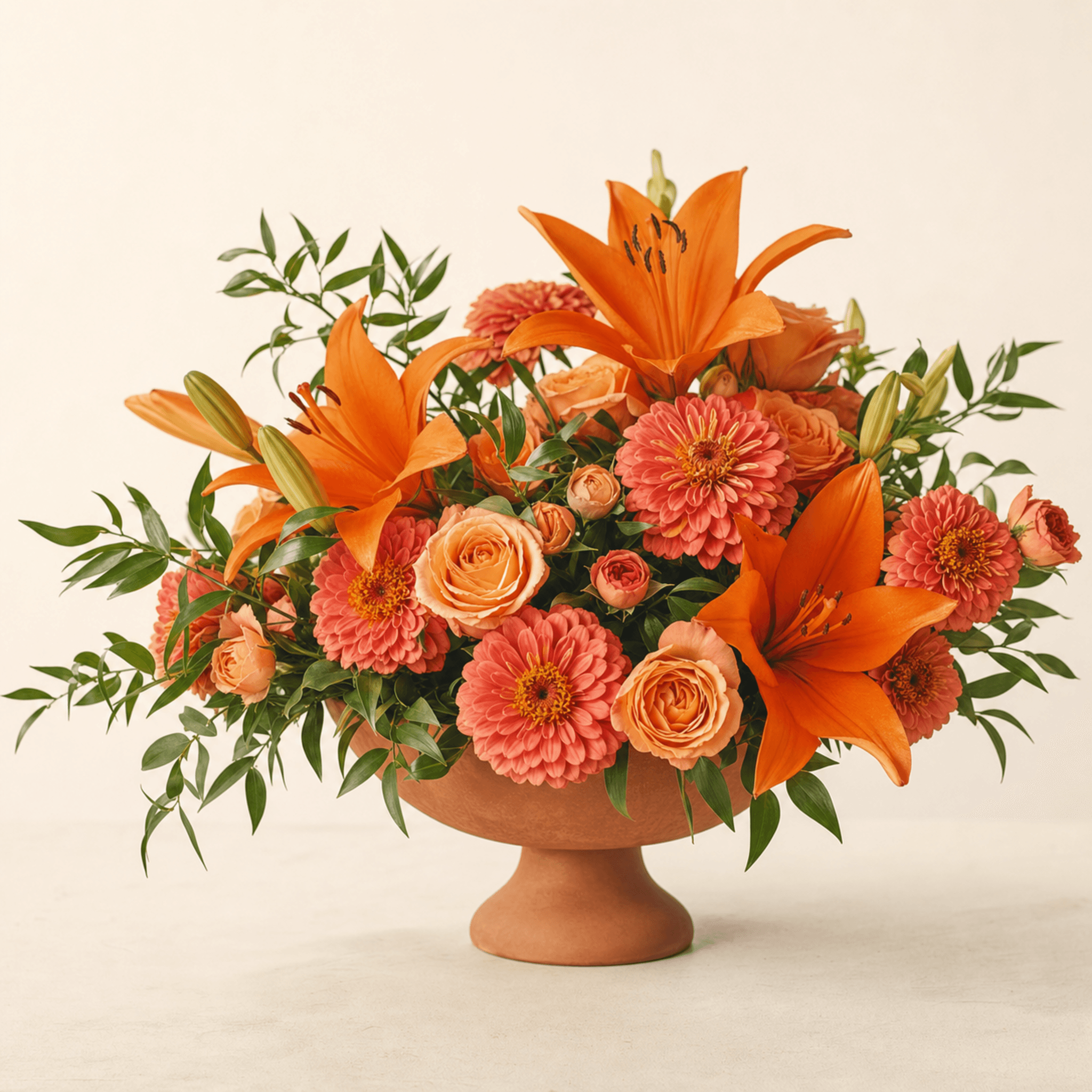 Orange Asiatic lilies, coral zinnias and peach roses arranged in a terracotta pedestal bowl