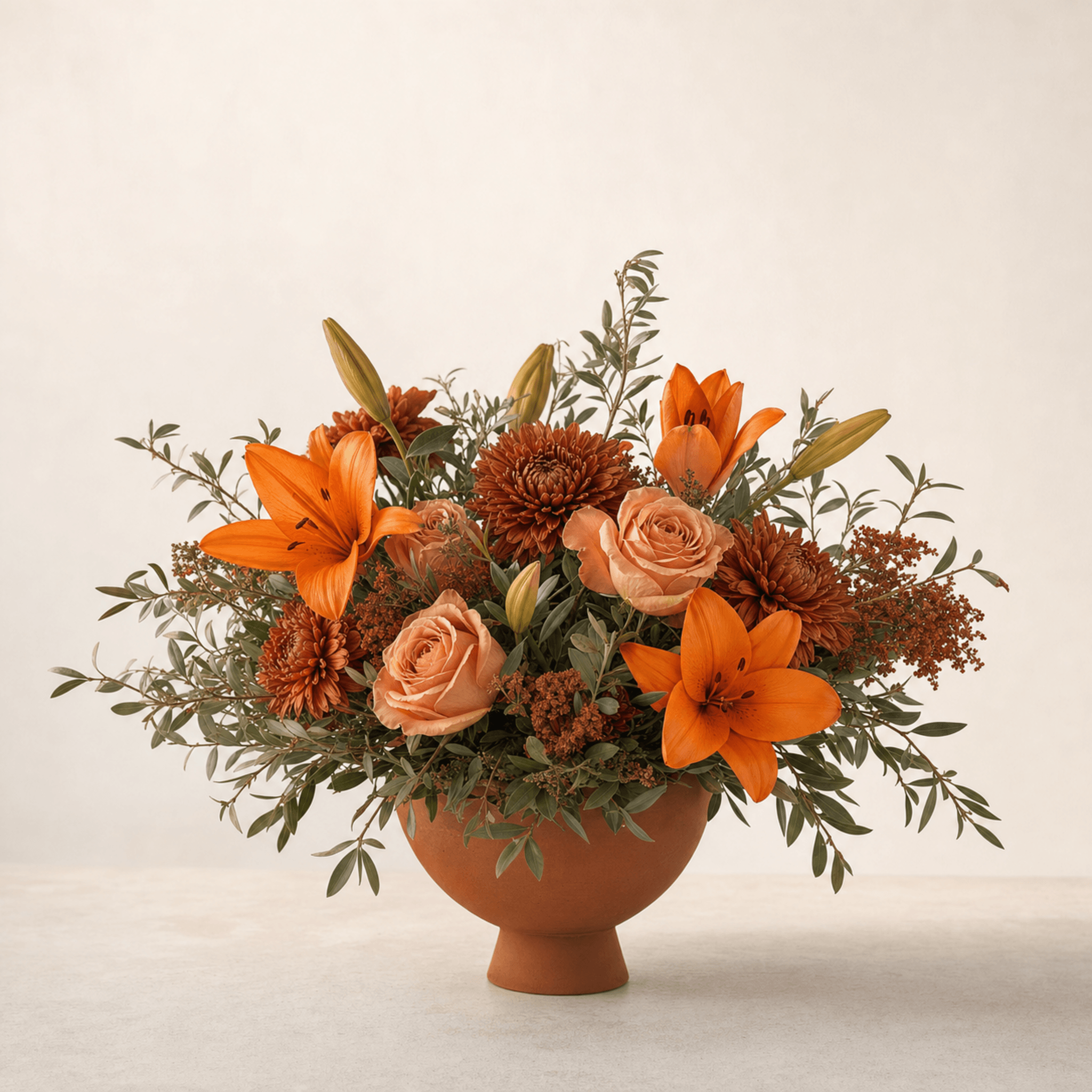 Orange asiatic lilies, peach roses, russet chrysanthemums and green foliage in a terracotta bowl vase
