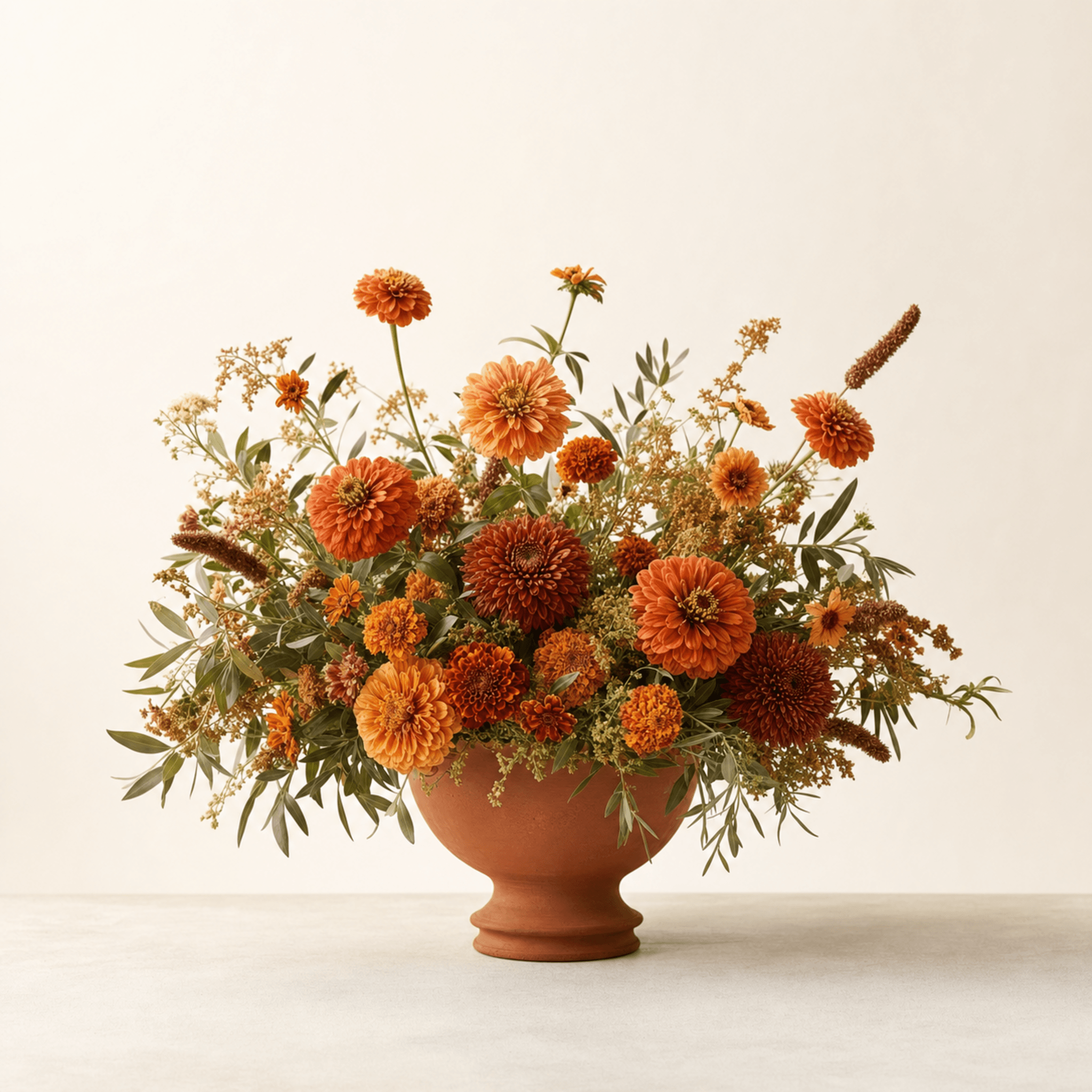 Orange and rust zinnias, marigolds and bronze chrysanthemums arranged in a terracotta footed bowl
