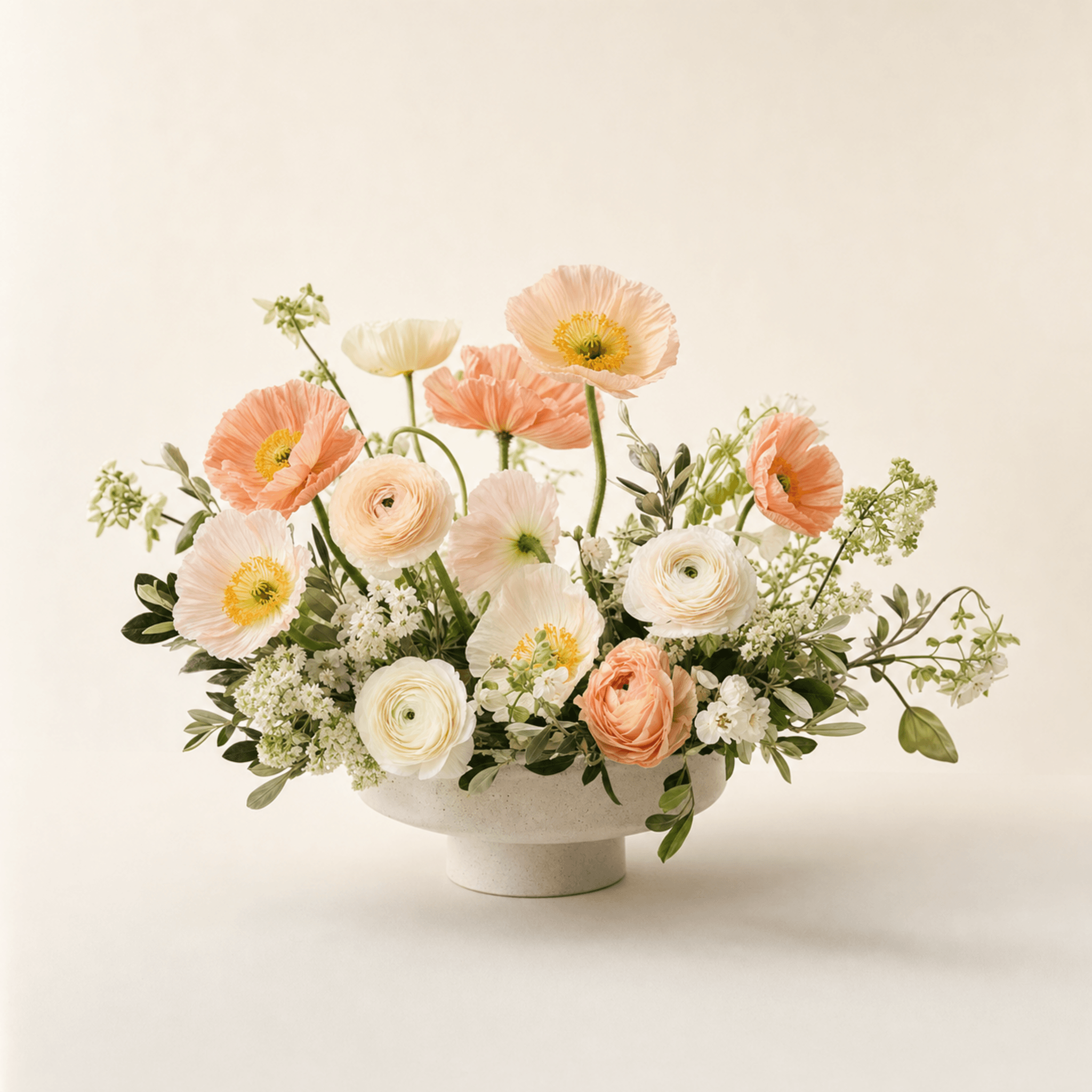 Peach and blush poppies, cream and peach ranunculus, and white filler blooms in a wide stone bowl