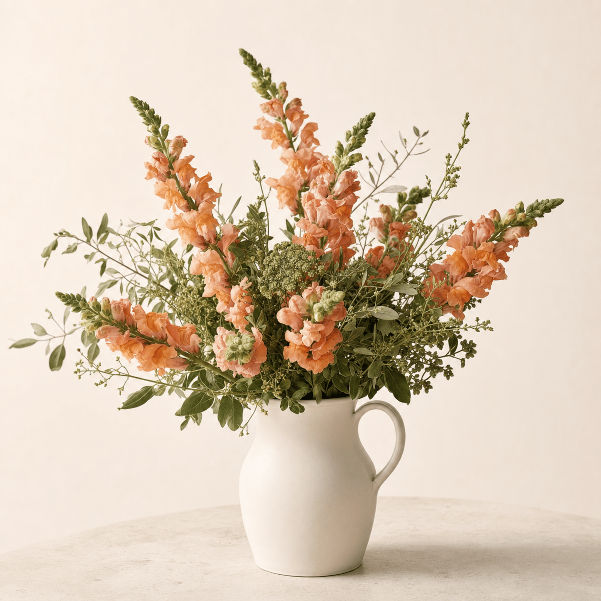 Peach snapdragons and soft green foliage arranged in a white ceramic pitcher vase