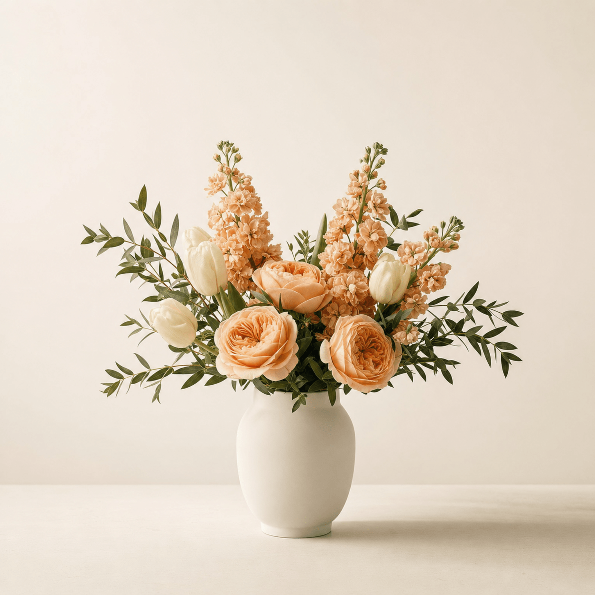 Peach garden roses, white tulips and peach stock arranged in a round white ceramic vase
