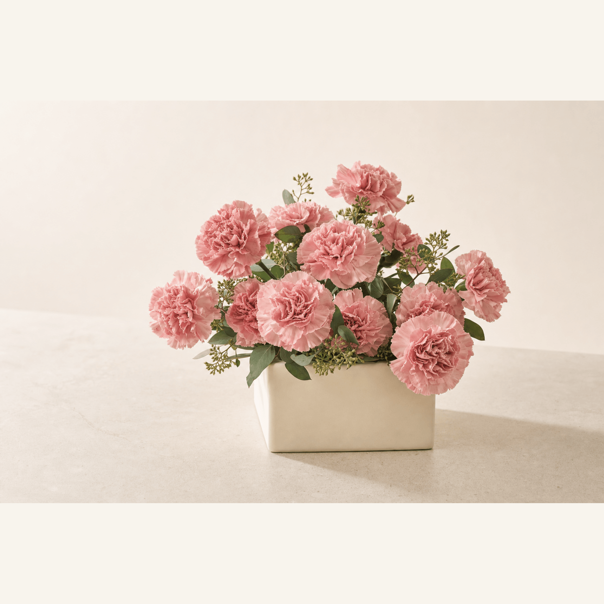 Pink carnations with eucalyptus and green filler blooms arranged in a cream ceramic pot