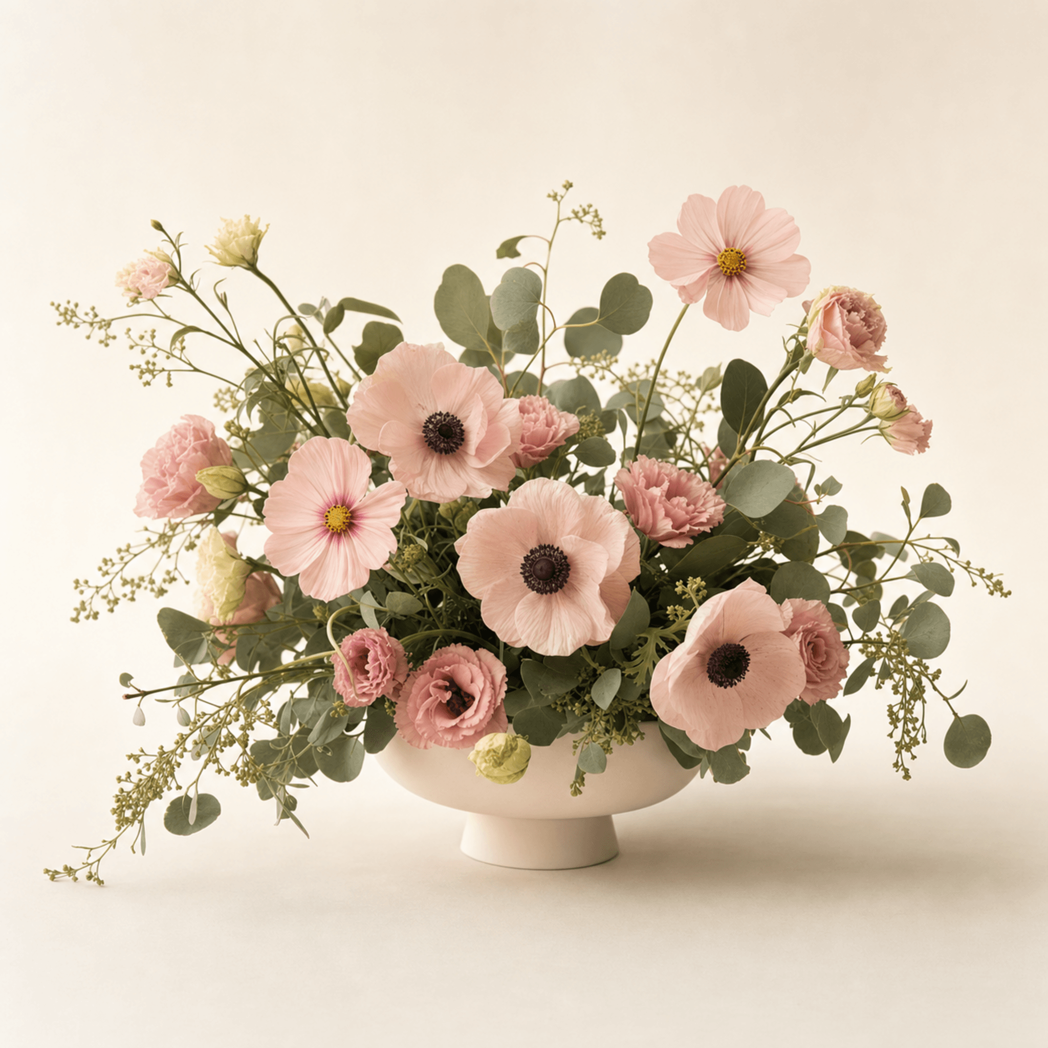 Blush anemones, pink lisianthus and cosmos spilling from a cream ceramic pedestal bowl with eucalyptus