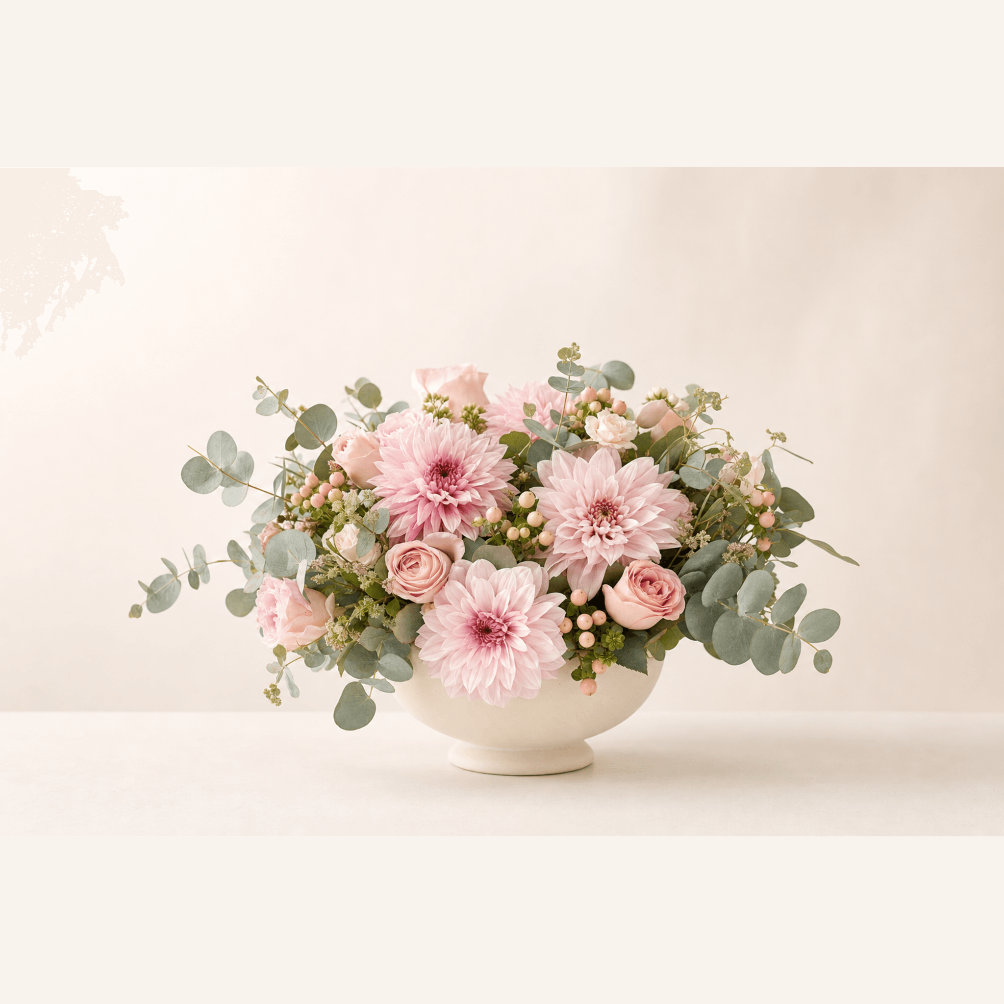 Pink dahlias and blush roses with eucalyptus in a cream pedestal bowl