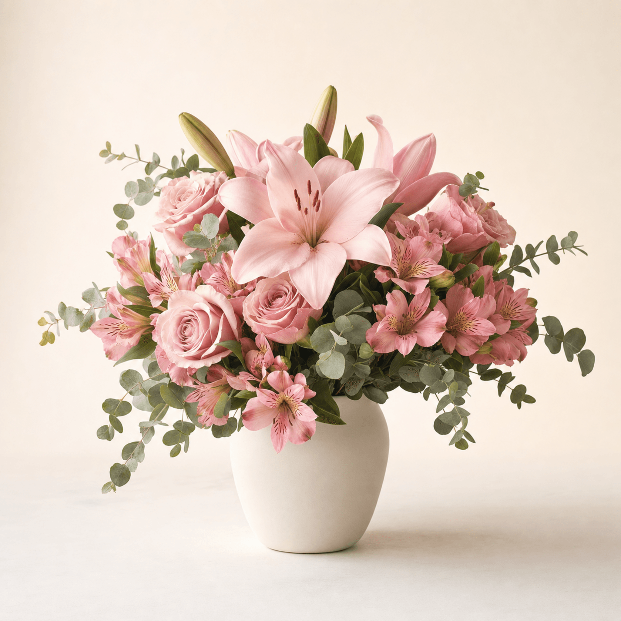 Pink oriental lilies, roses and alstroemeria with eucalyptus in a round white ceramic vase