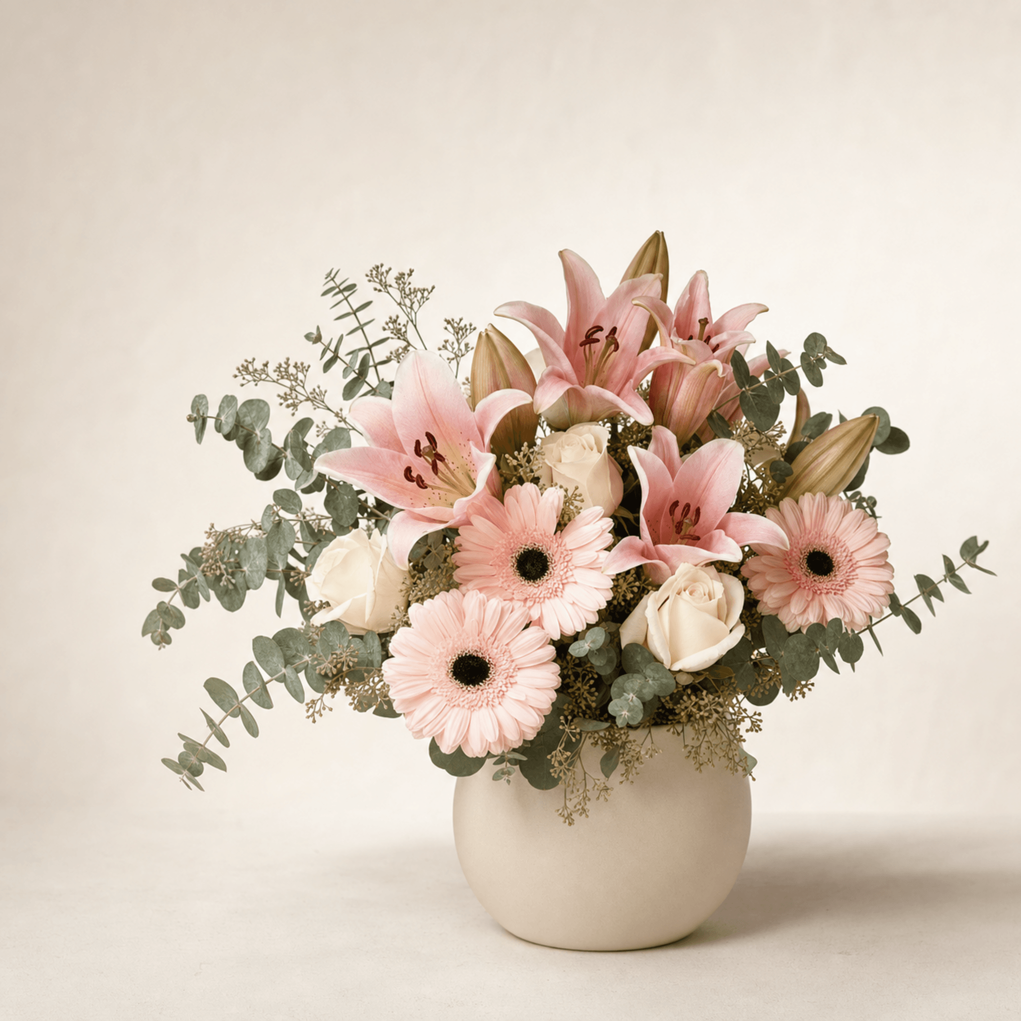 Pink oriental lilies, blush gerberas, white roses and eucalyptus in a round cream ceramic vase