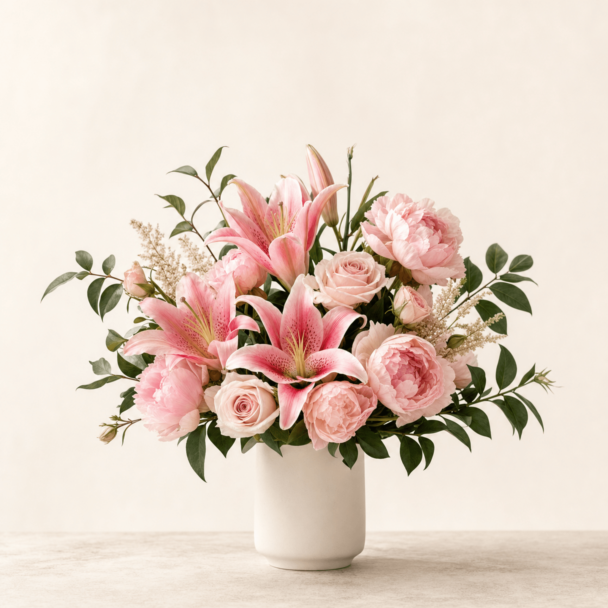 Pink Oriental lilies, blush peonies, and pale roses arranged in a white ceramic vase with eucalyptus
