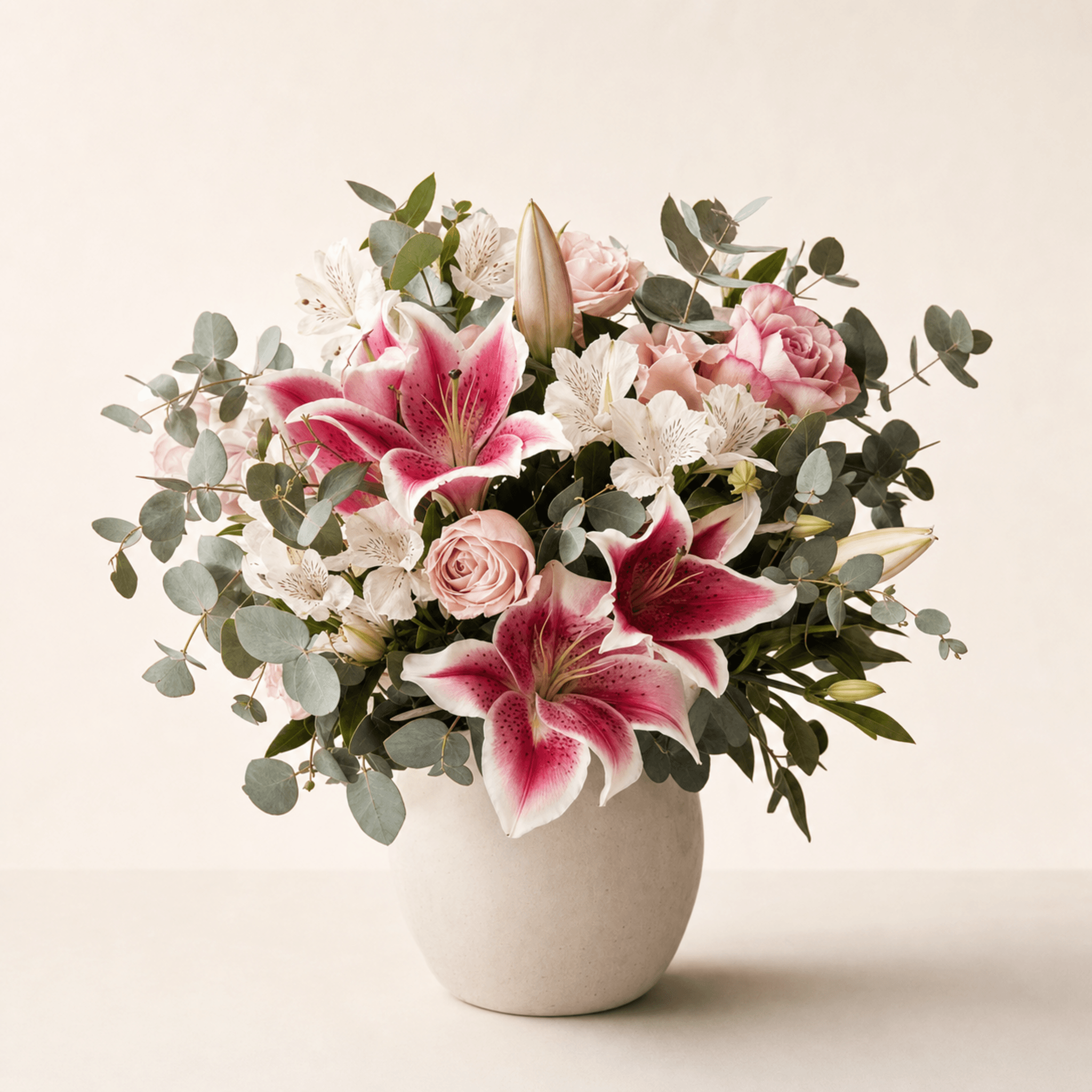 Pink stargazer lilies, blush roses, white alstroemeria and eucalyptus in a round white ceramic vase