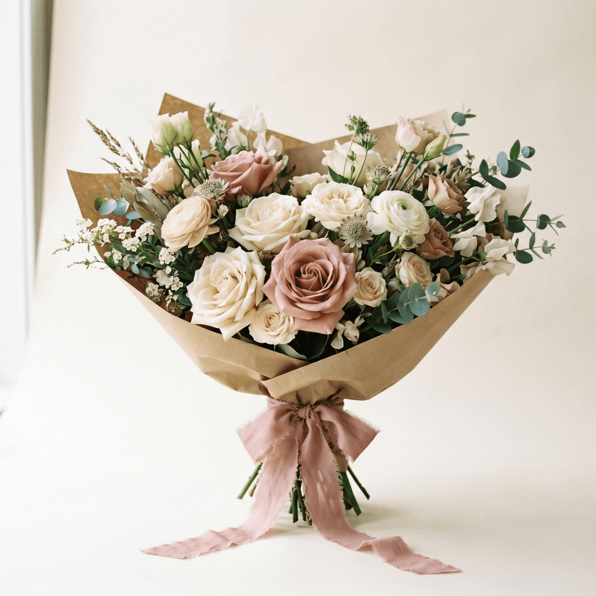 Cream and dusty-pink roses, ranunculus, astrantia, eucalyptus and gypsophila wrapped in kraft paper tied with a blush ribbon