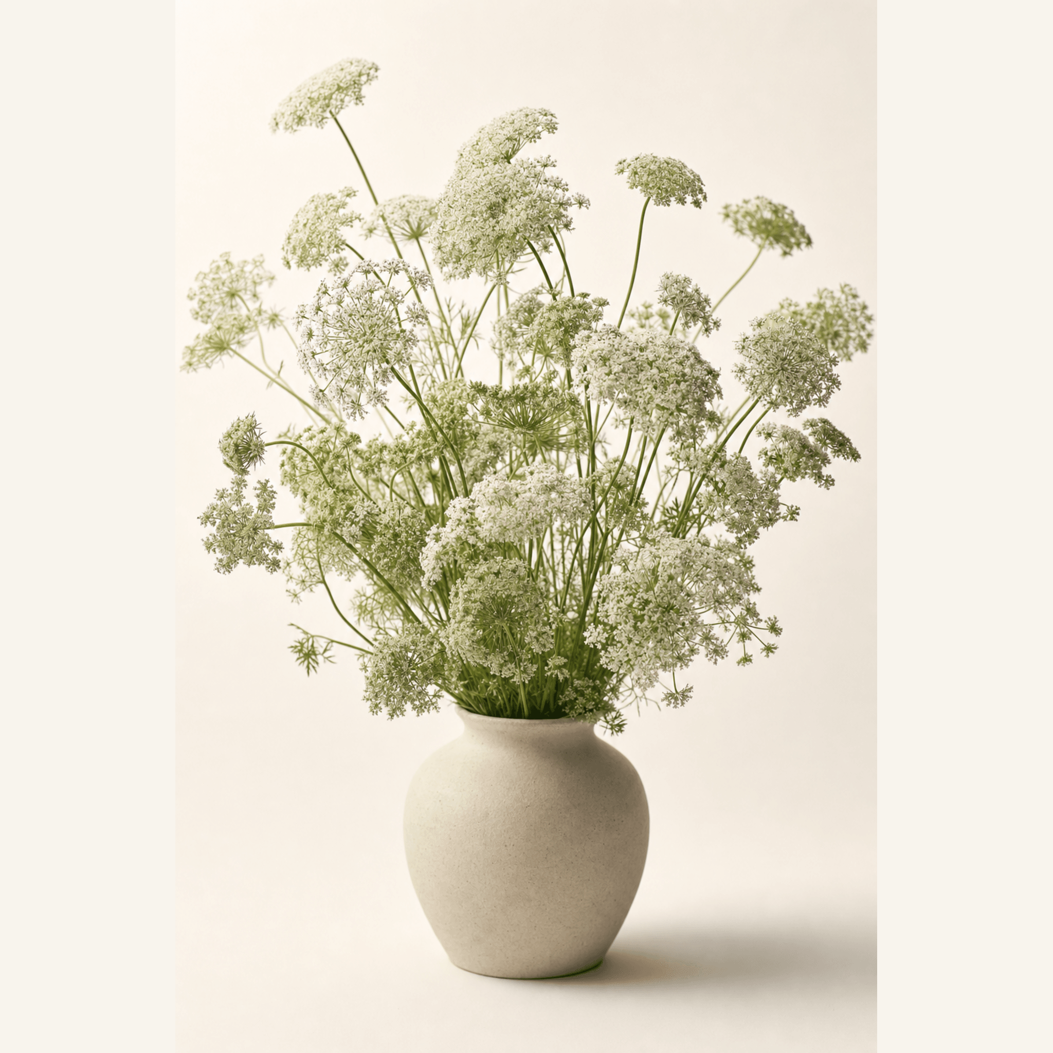 White Queen Anne's lace arranged abundantly in a round matte stone ceramic vase