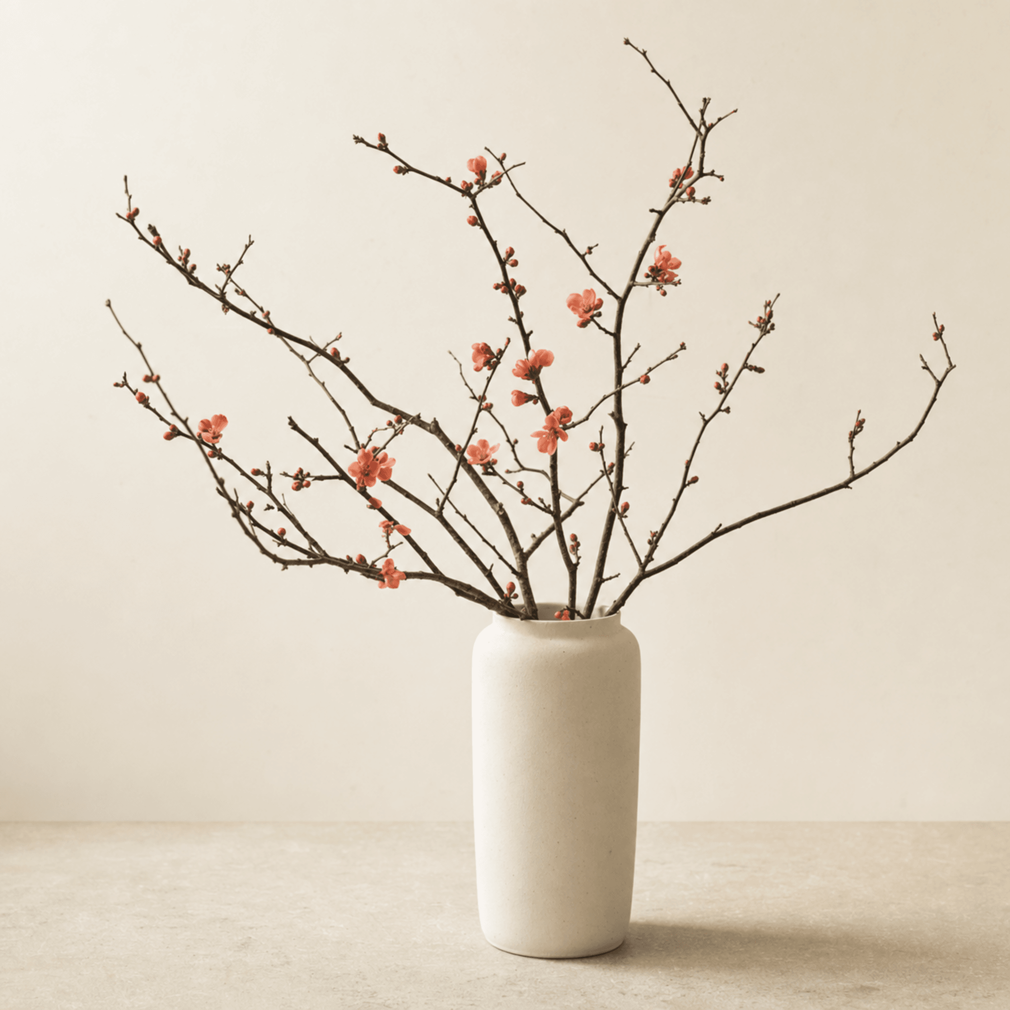 Coral quince blossom branches with red buds arranged in a matte white ceramic vase