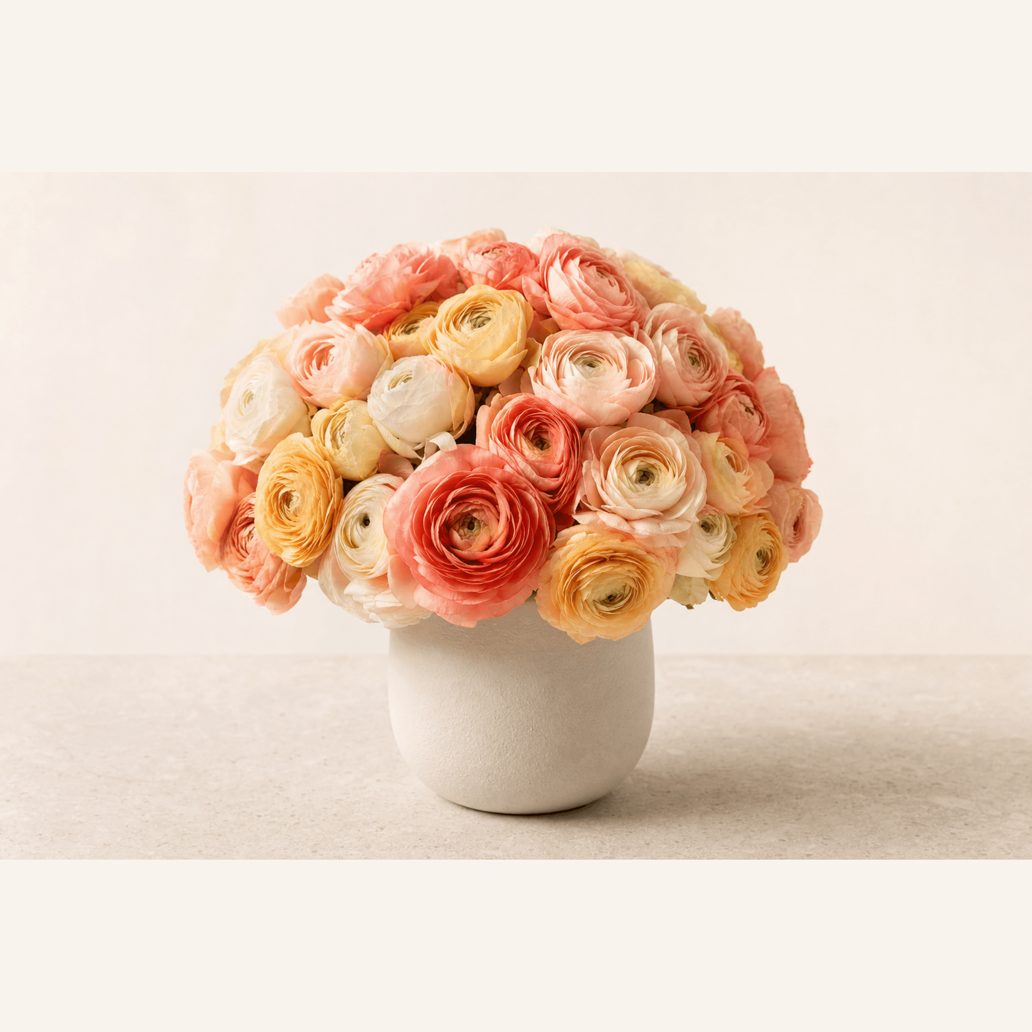 Coral, peach, cream and amber ranunculus arranged in a round white ceramic vase