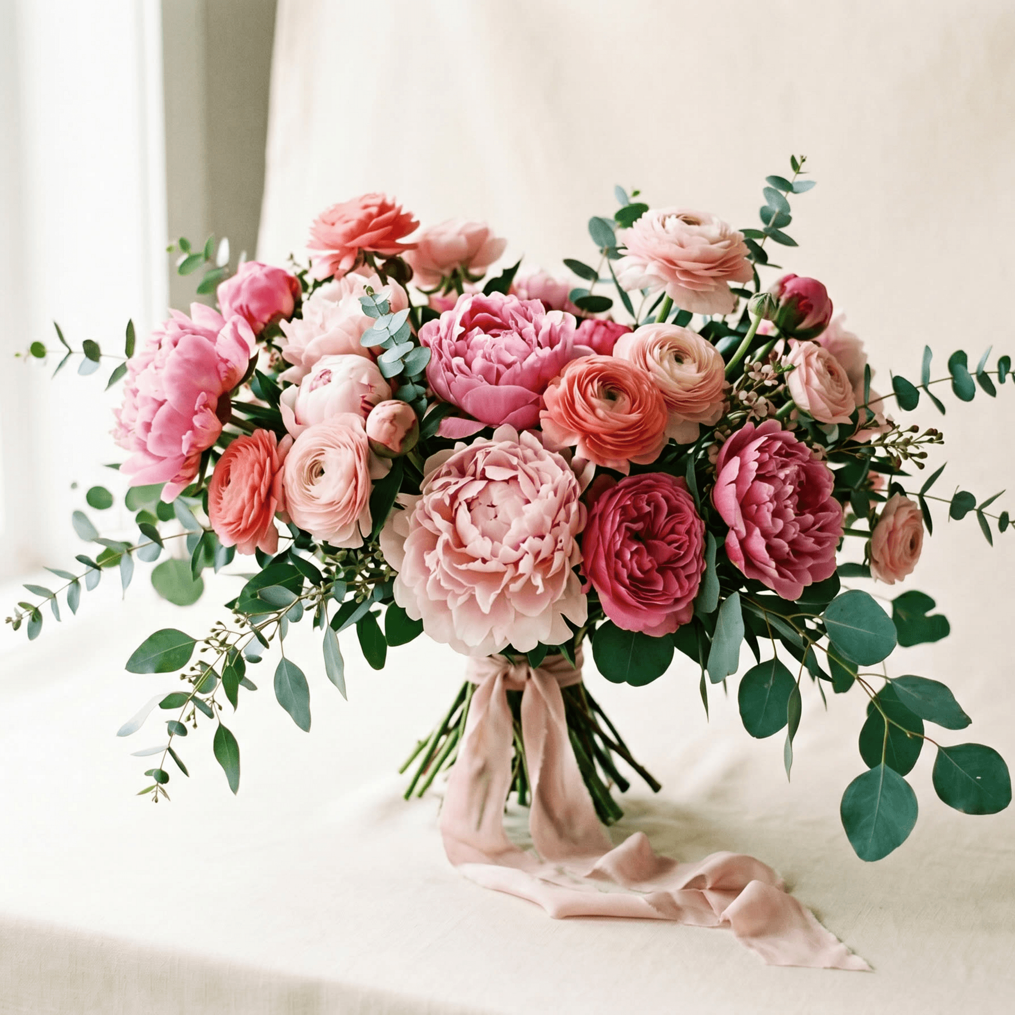 Pink and coral peonies, ranunculus, and eucalyptus hand-tied bouquet with blush silk ribbon