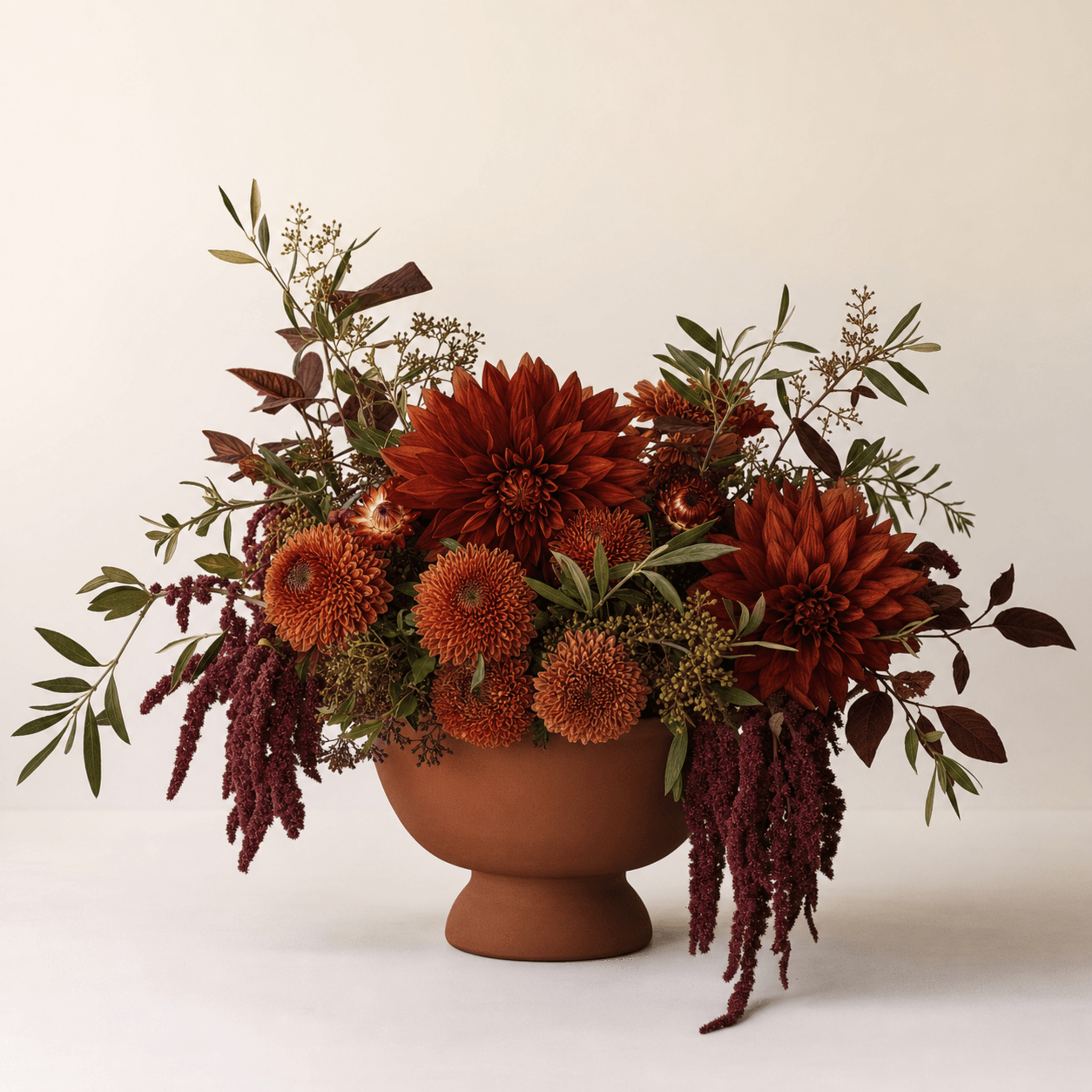 Deep red dahlias, burnt-orange chrysanthemums and trailing burgundy amaranthus in a terracotta footed bowl