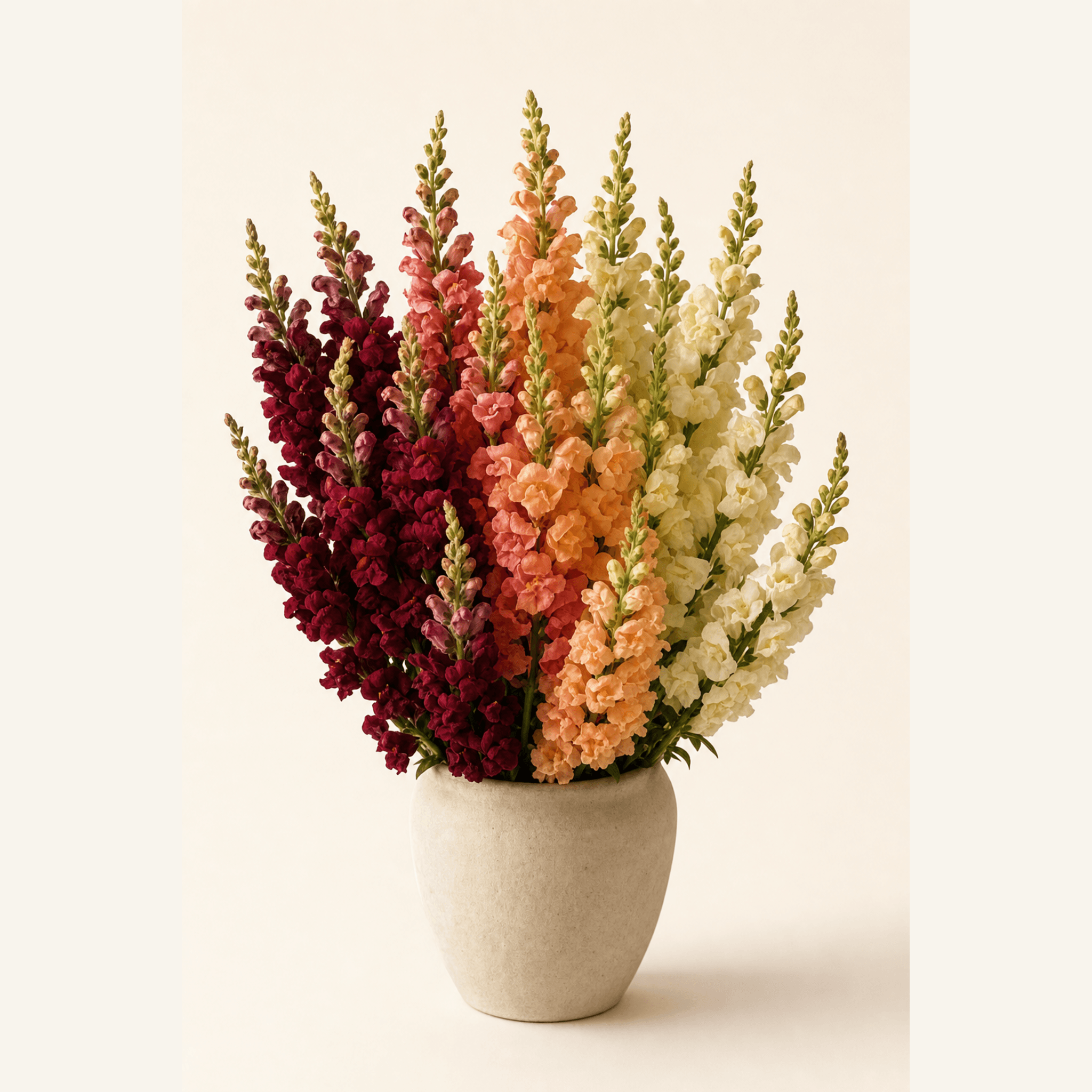 Gradient snapdragon arrangement in deep crimson, pink, peach and cream tones in a round stone-coloured ceramic pot