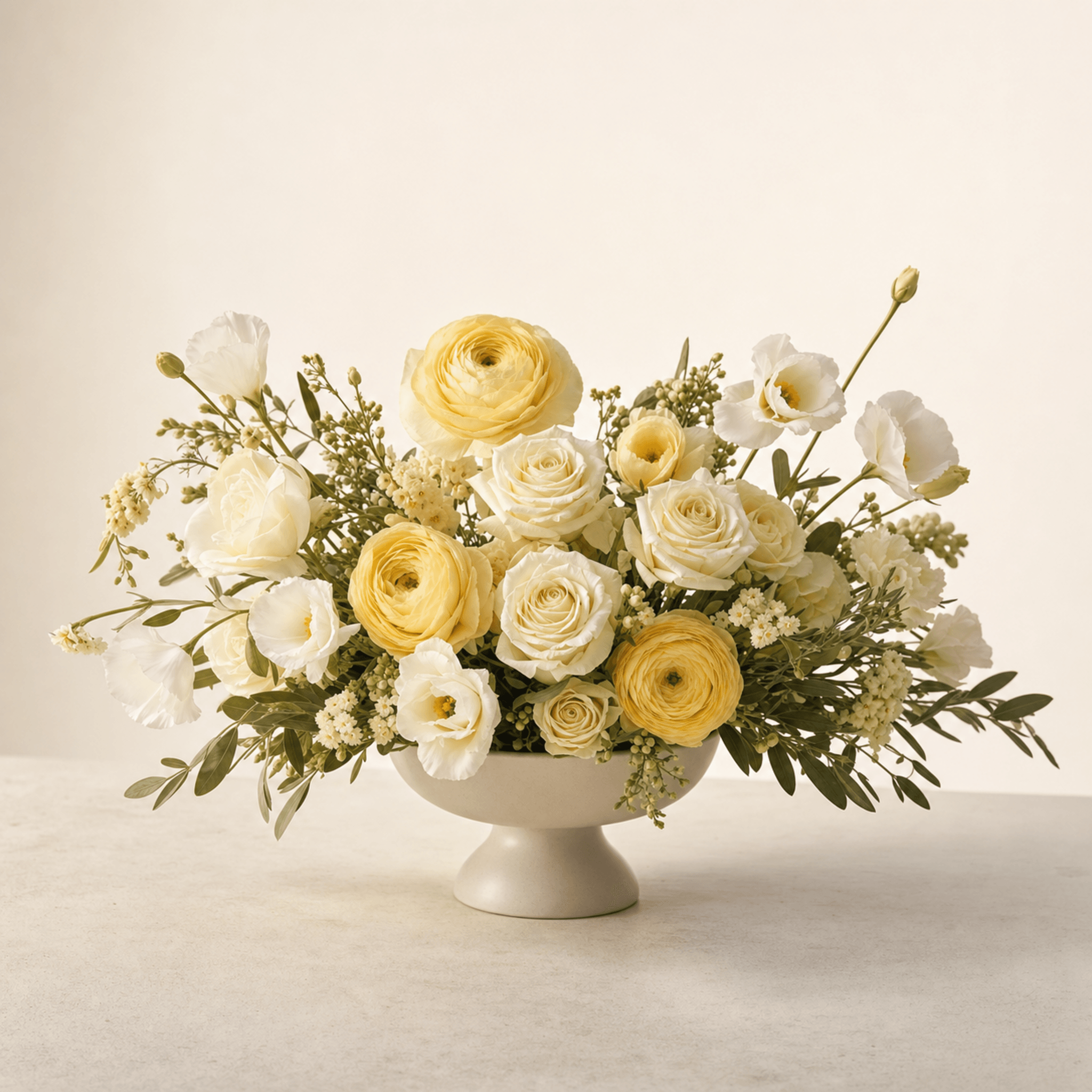 Yellow ranunculus, cream roses and white lisianthus arranged in a white ceramic pedestal bowl